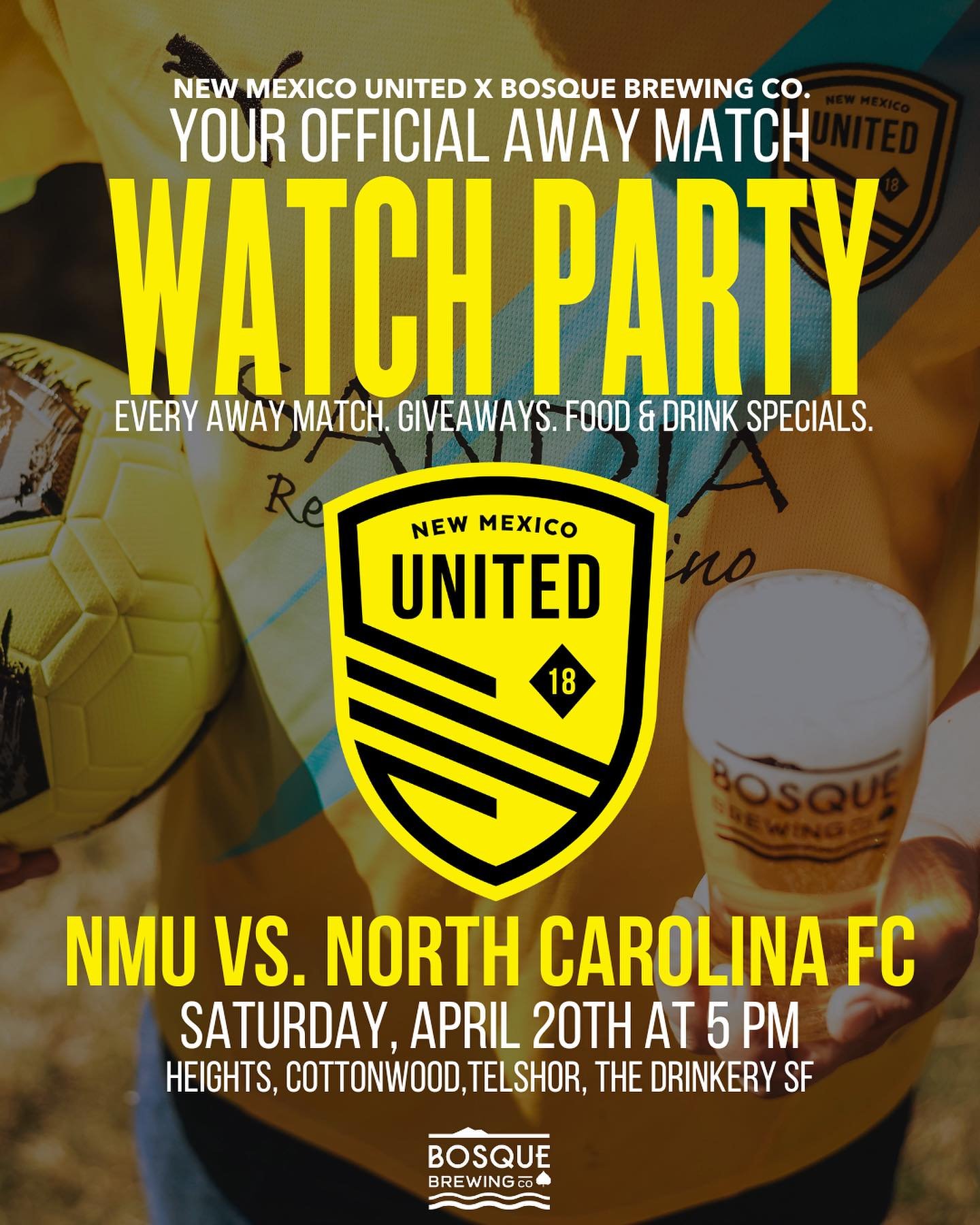 @newmexicoutd Away Match Watch Parties continue at FOUR of our locations across New Mexico 🤩 Join us as the ⚫️&amp;🟡 take on North Carolina FC this Saturday at 5:00pm! #SomosUnidos

Official watch party locations👇
-Heights Public House 
-Cottonwoo