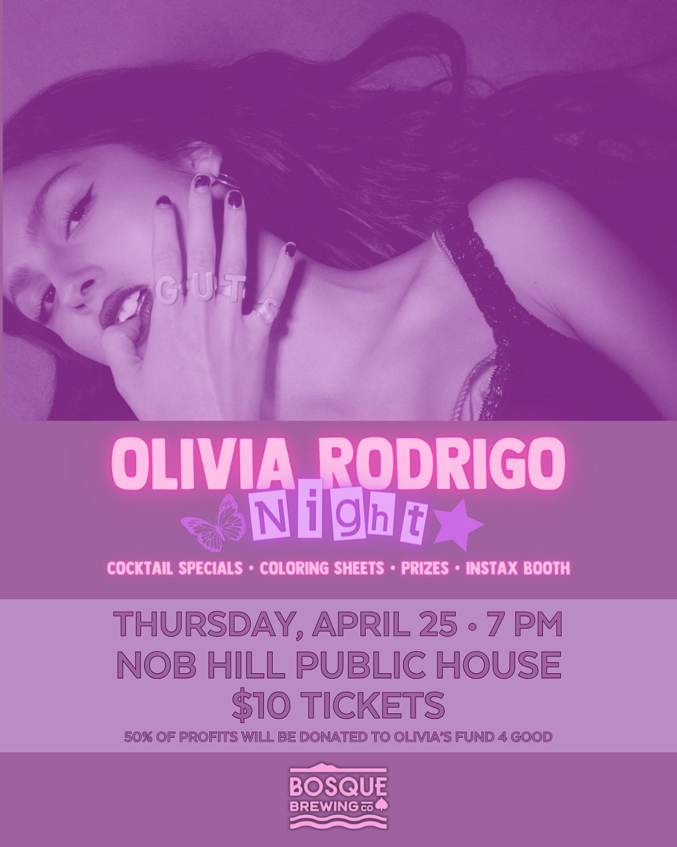 Don&rsquo;t have tickets to the Guts tour? Join us for a unique fan night instead at Olivia Rodrigo Night!

📍Thursday, April 25th at the Nob Hill Public House at 7 PM.

🎟️$10 tickets - Purchase online (Link in bio) $5 from every ticket will be dona