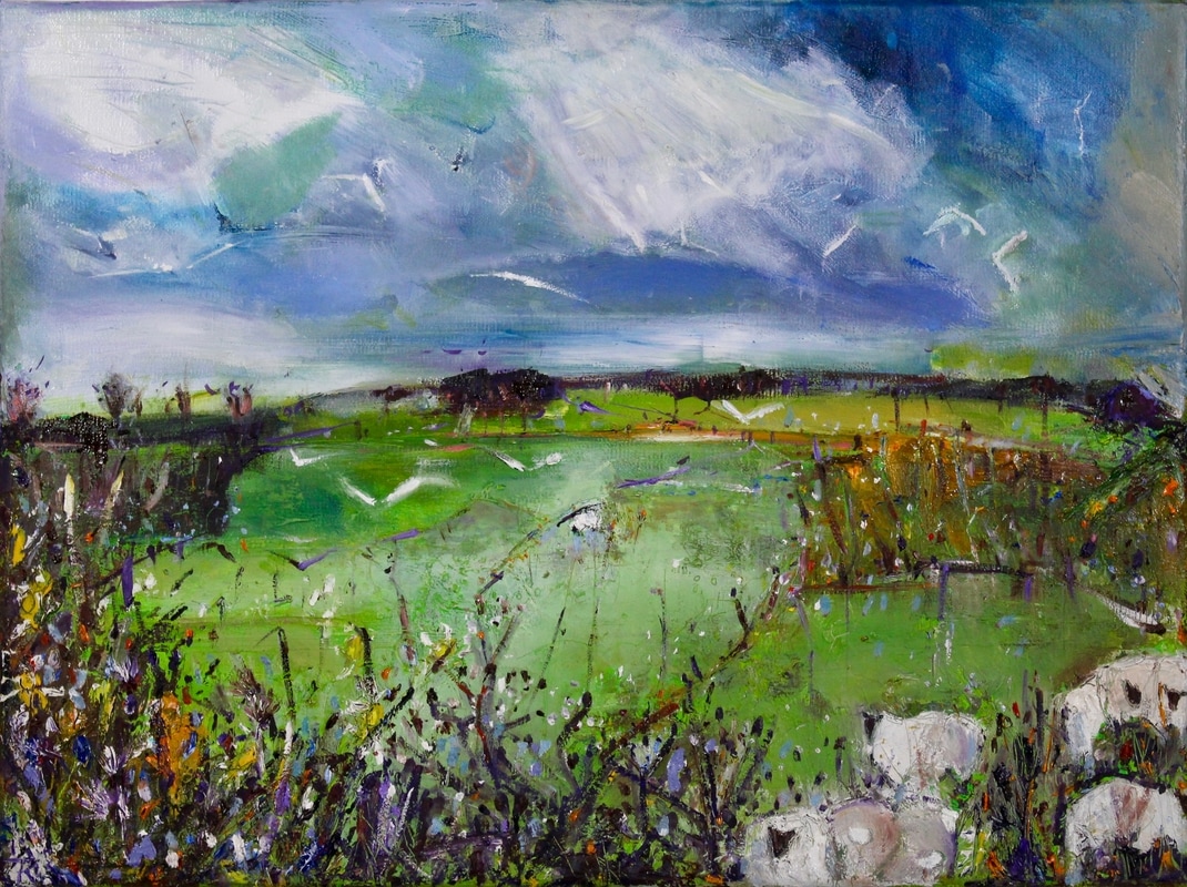 Sheep in Spring Fields, oil and mixed media on canvas, 34 x 44 cm