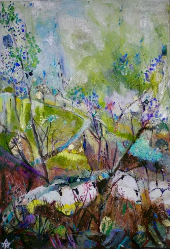 Sheltering by Stone Wall, acrylic on canvas