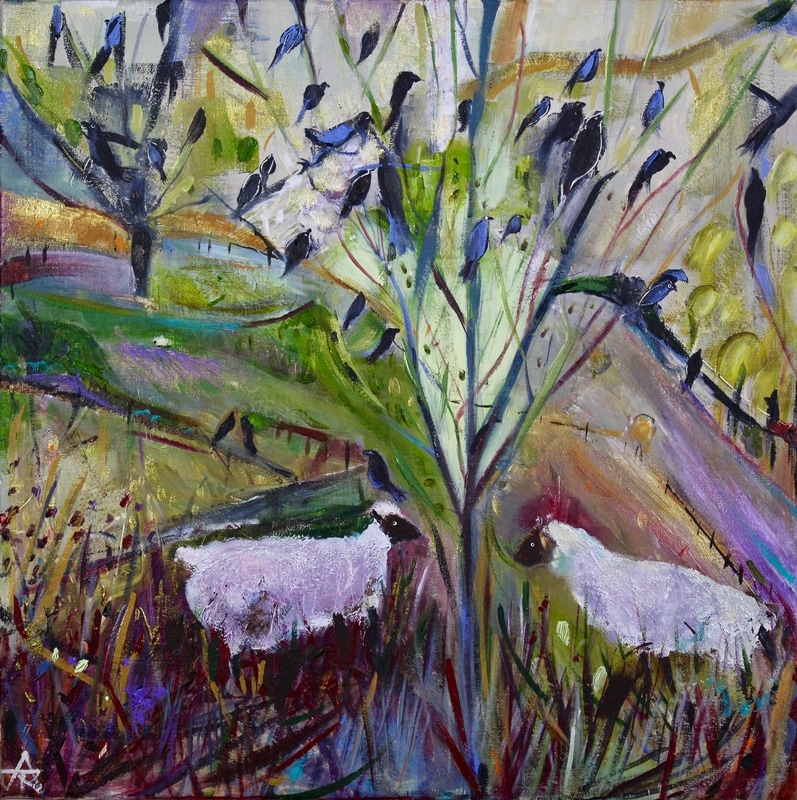 Two Lambs under Starling Tree, acrylic on canvas, 44 x 44 cm, SOLD