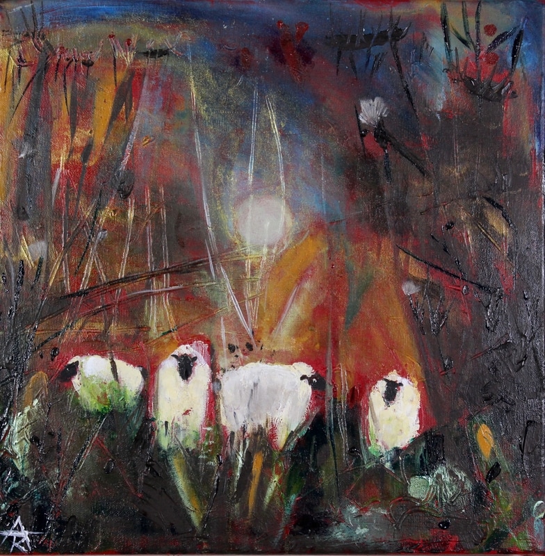 Sheep in the Light of the Moon, acrylic, 34 x 34 cm, SOLD