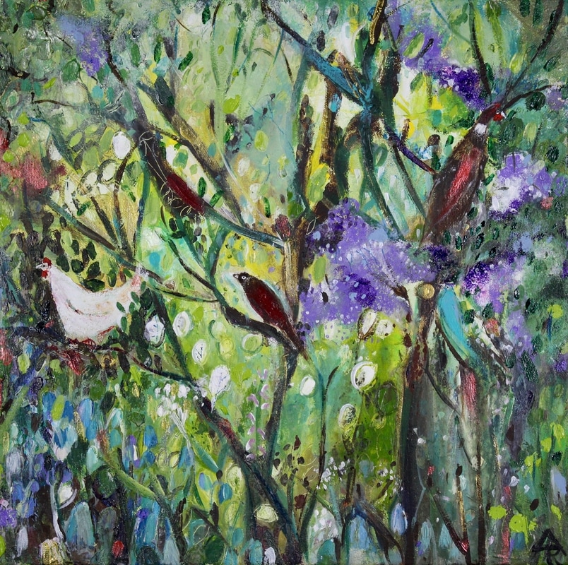 Perching in the Damson and Lilac, acrylic, 34 x 34 cm, SOLD