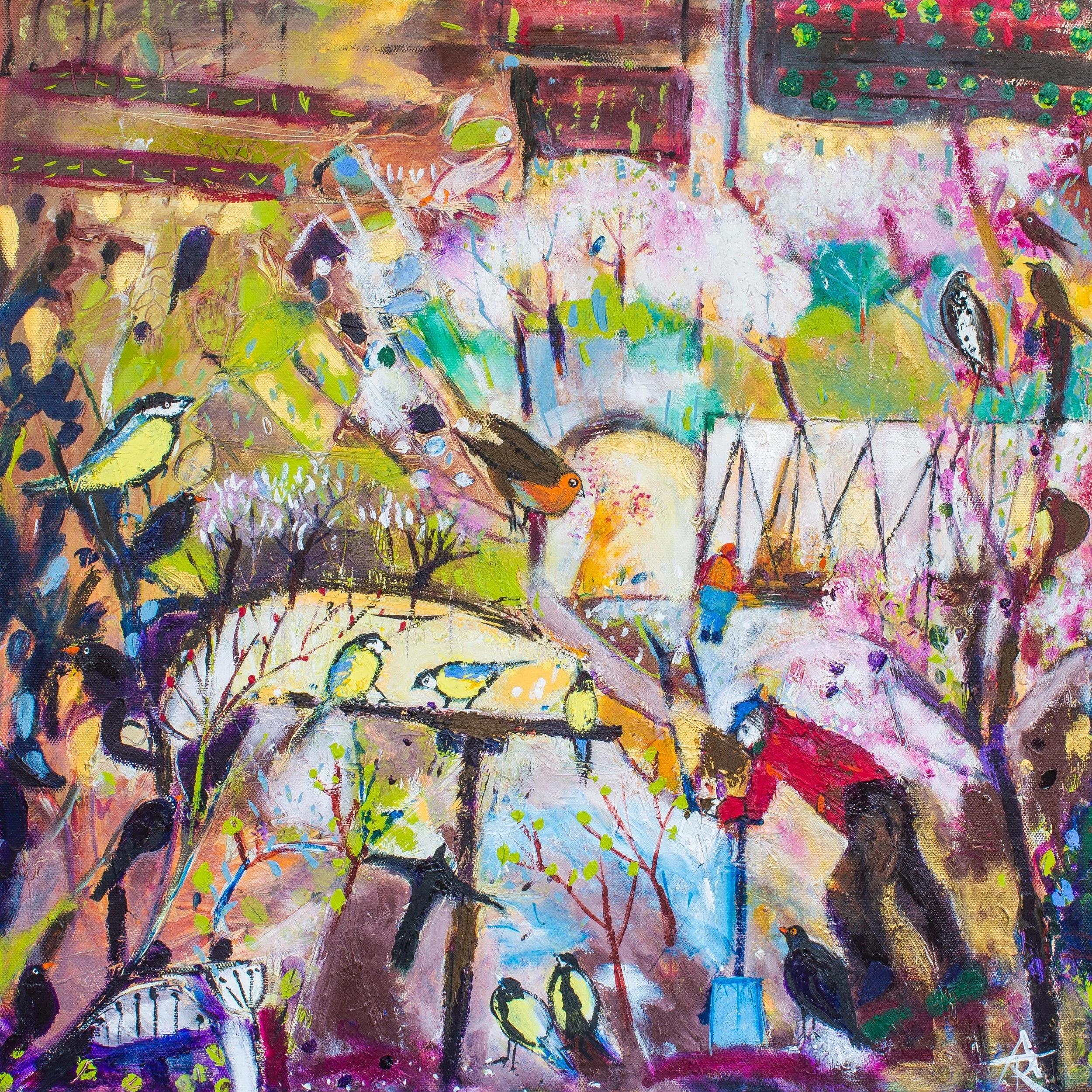 Busy In A Spring Garden, acrylic on canvas, 56 x 56 cm