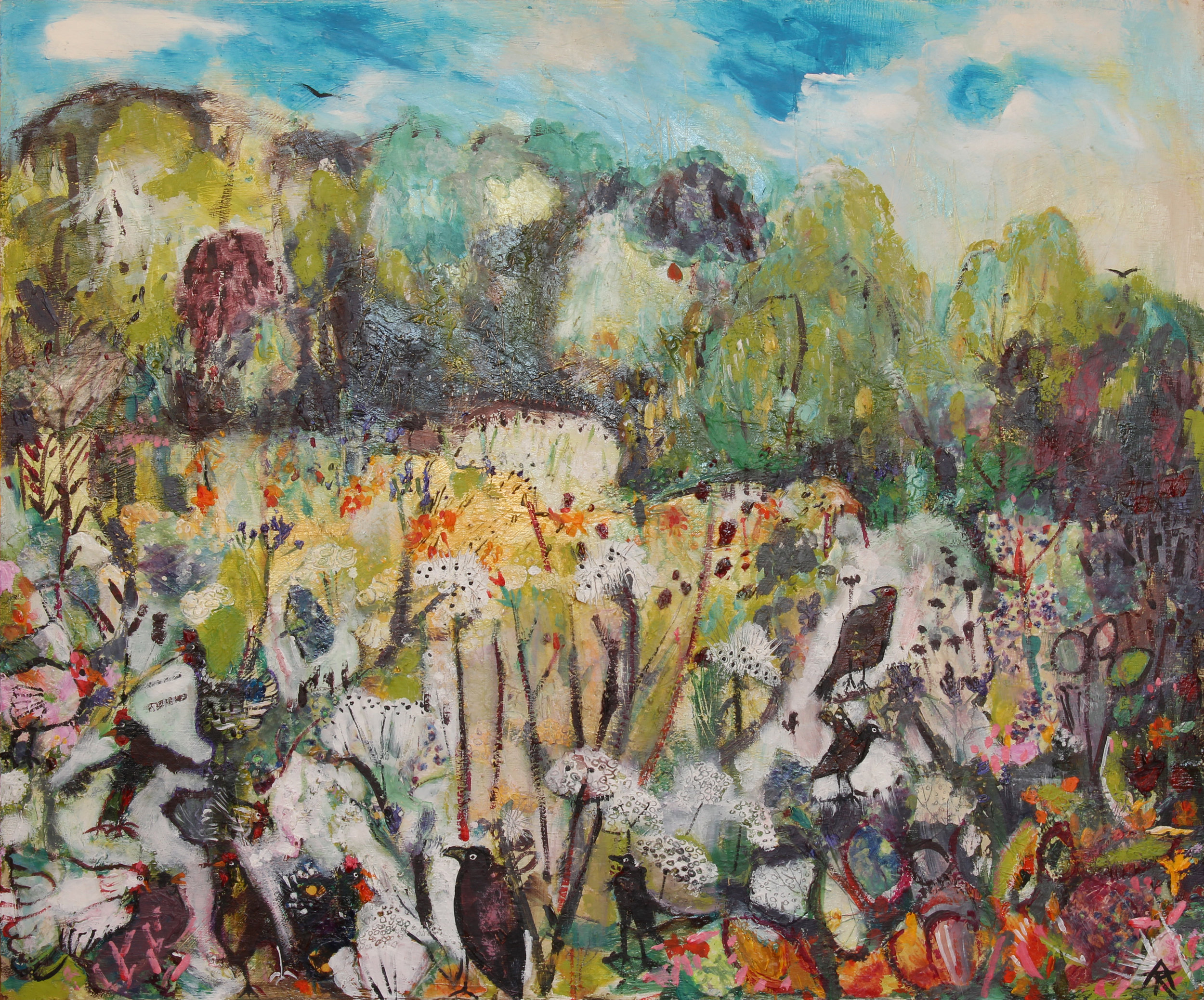 Busy in the Water Meadow, mixed on board, 55 x 65 cm, £650