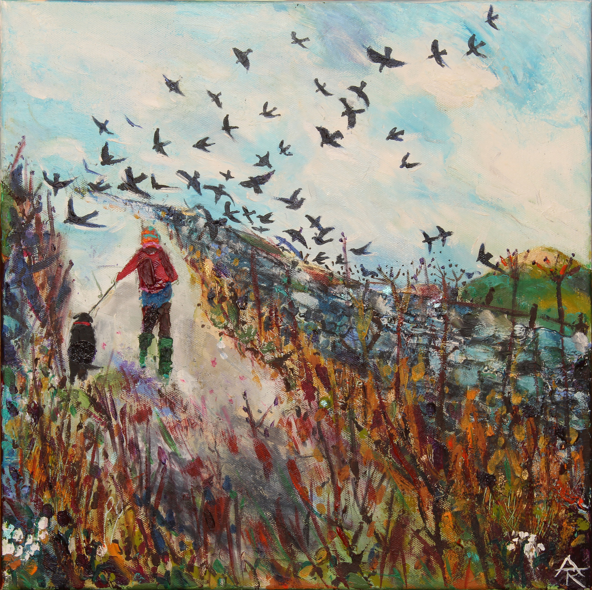 From Over The Wall The Starlings Swooped, acrylic on canvas, 46 x 46 cm, SOLD