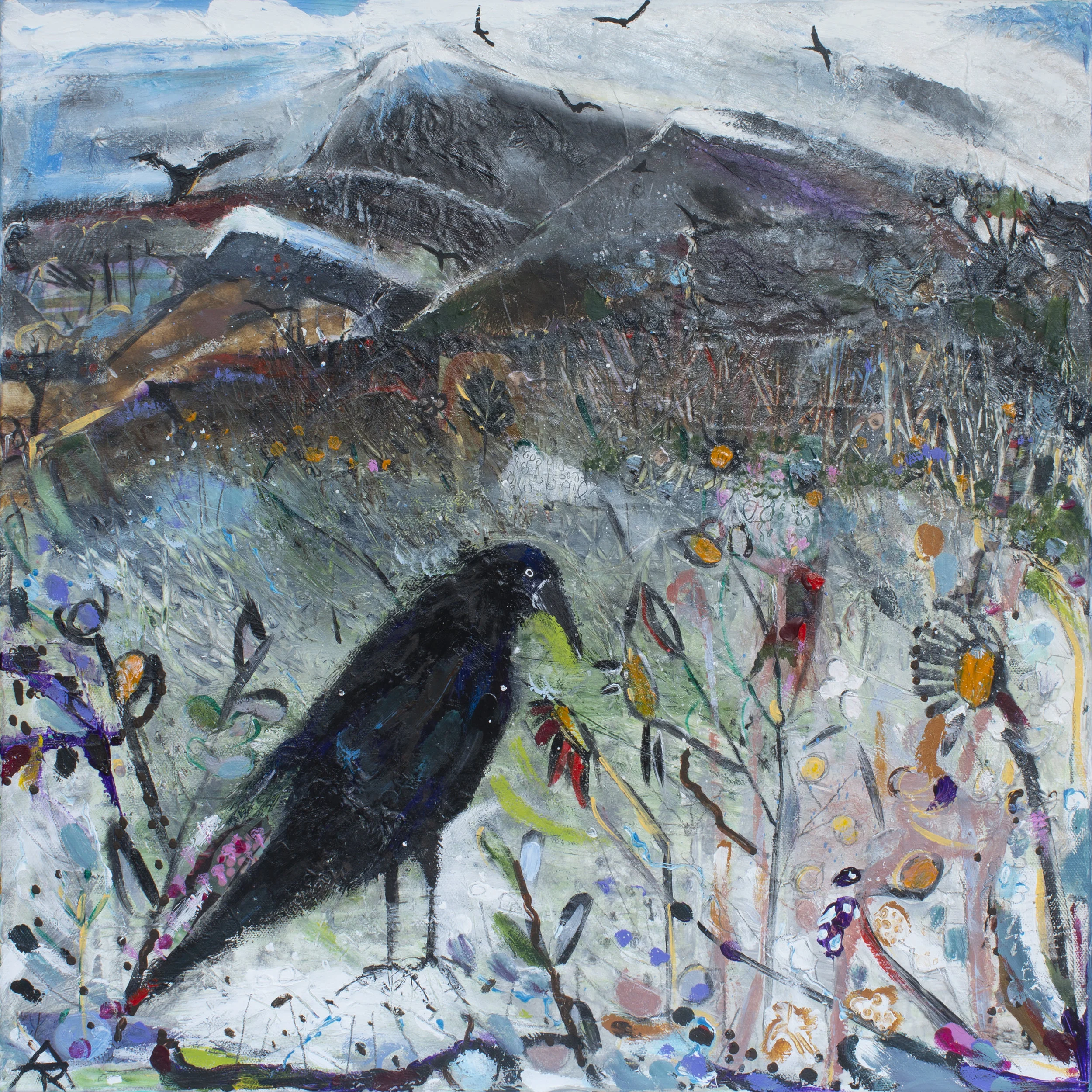 Old Crow With Many A Tale, acrylic and mixed on canvas, 56 x 56 cm