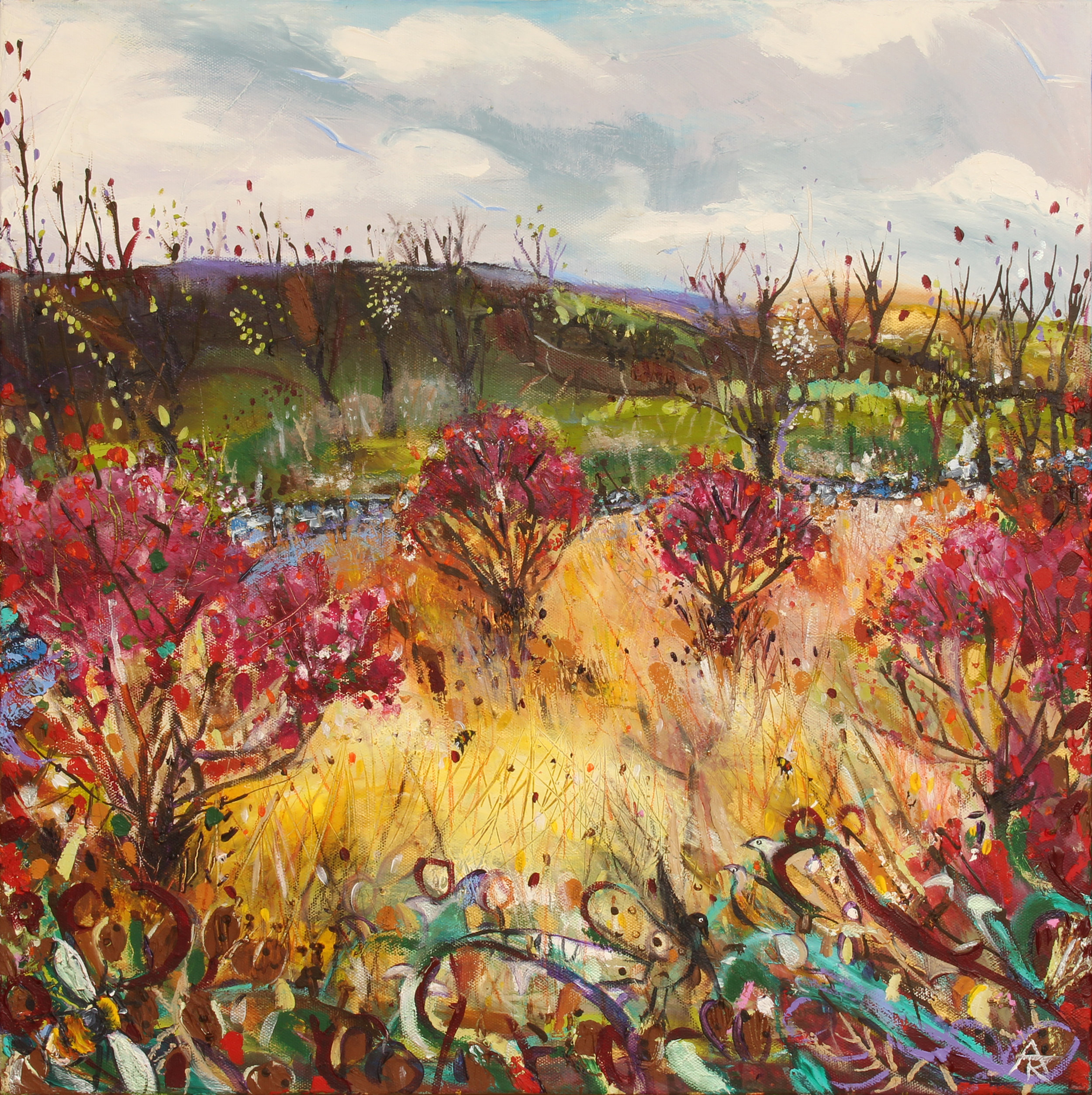 The Hum Of The Bumble In The Red Flowering Currants, acrylic on canvas, 56 x 56 cm, SOLD