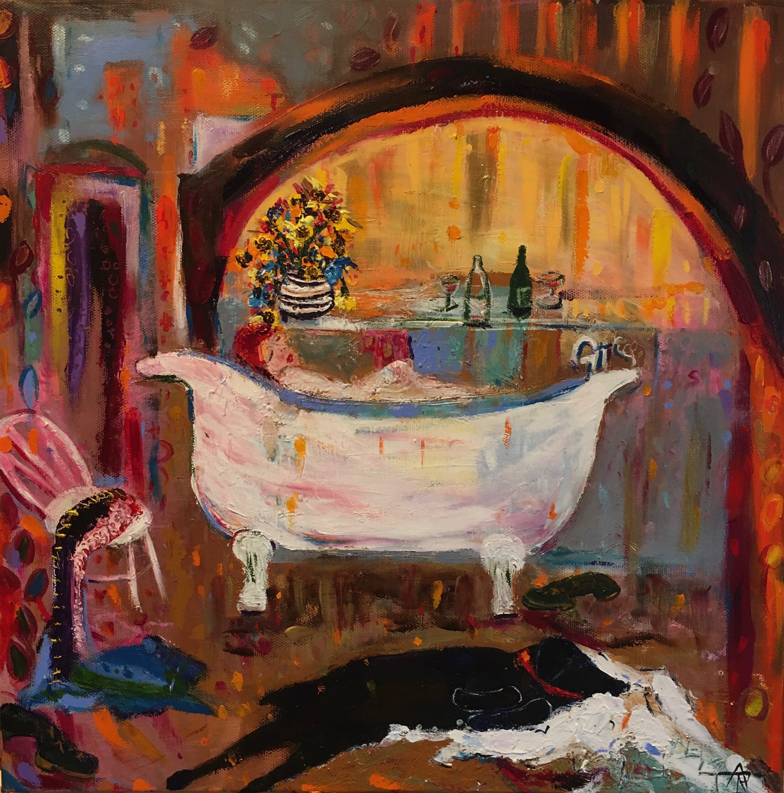 Escape To The Bath, mixed on canvas, 46 x 46 cm, £450