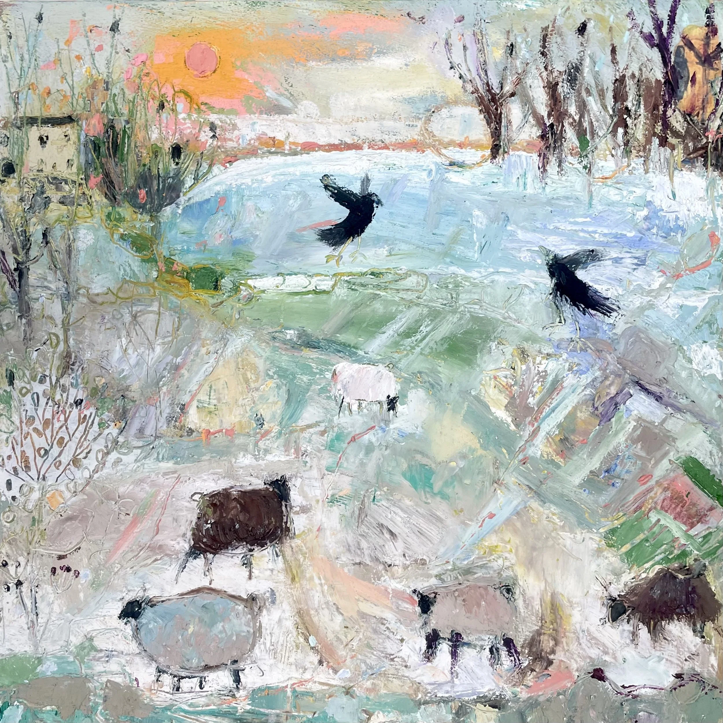 Sheep and Crow. 2025. Mixed media: Oil, collage and cold wax on wood panel. 59 x 59 cm.