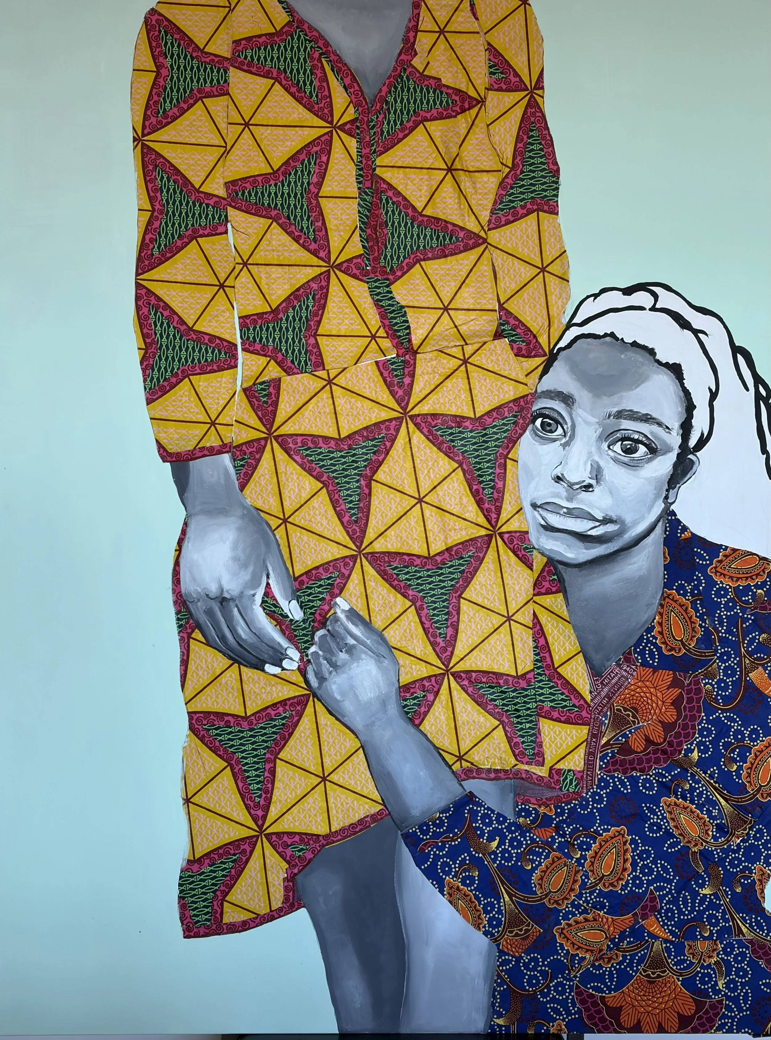 Beautiful, colorful yellow and blue textiles and acrylic on canvas, depicting an adult Black woman holding on to a female figure.