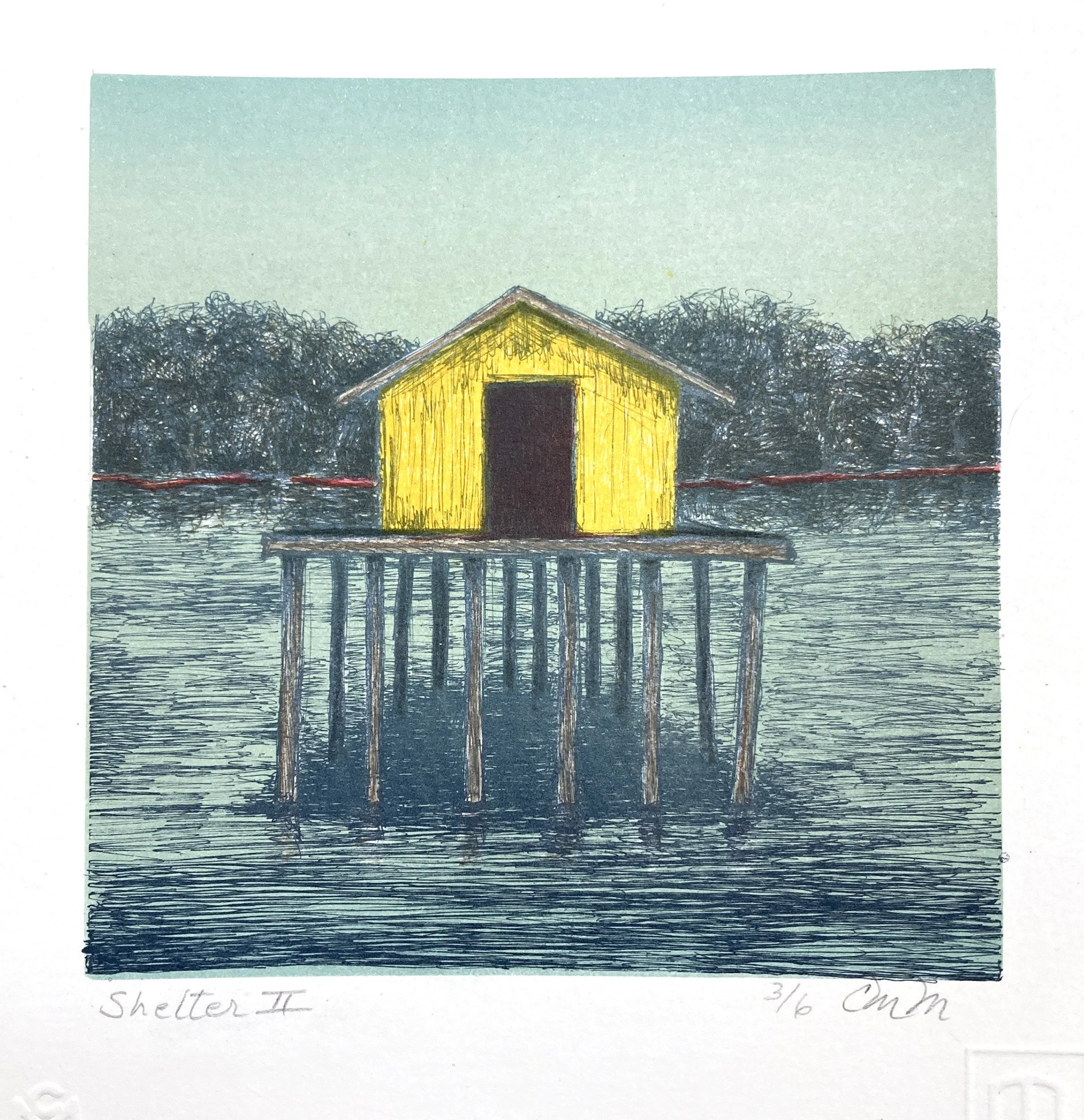 Shelter II, a serene yellow small cabin over a platform in the middle of water.