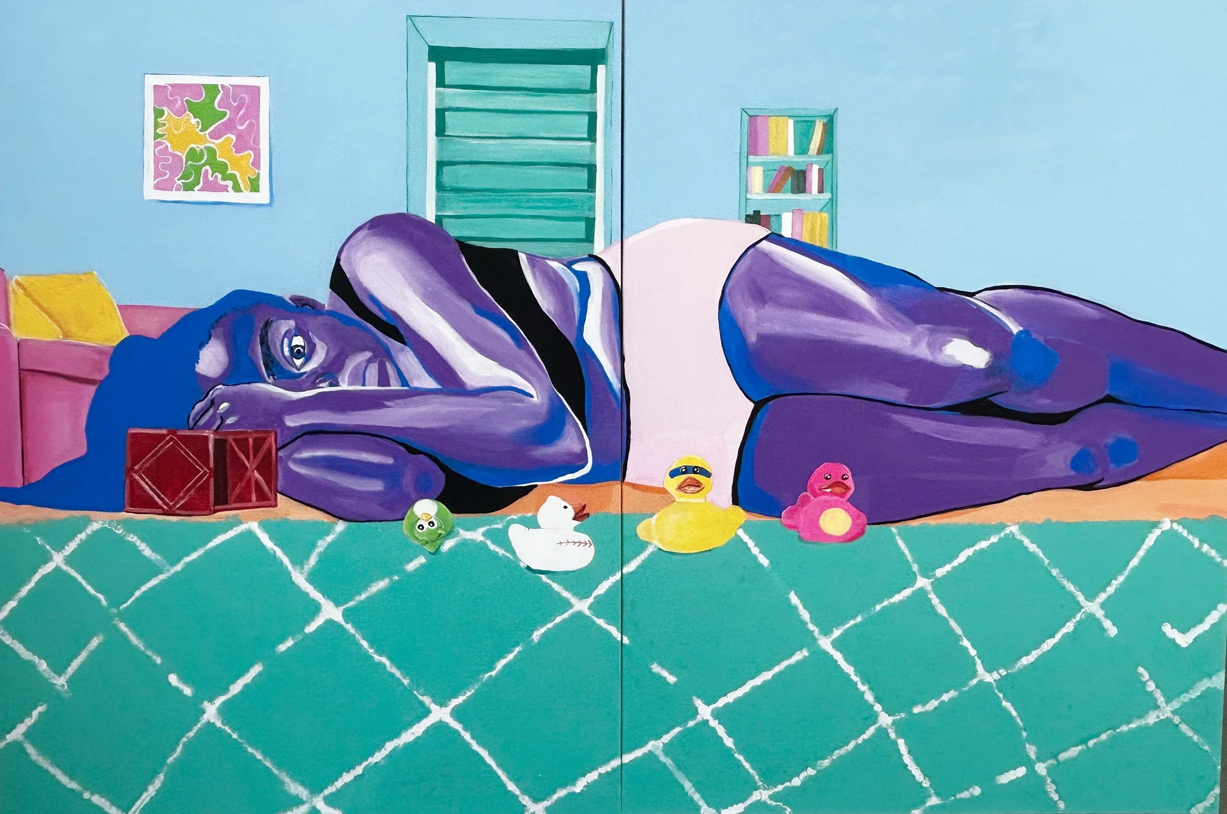 An acrylic based painting of an adult Black woman on a floor with small, colored rubber ducks in front of her.