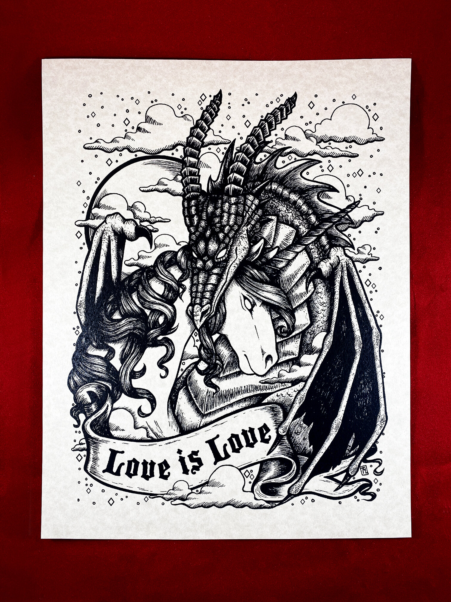"Love is Love" Unicorn and Dragon Art Print on Parchment