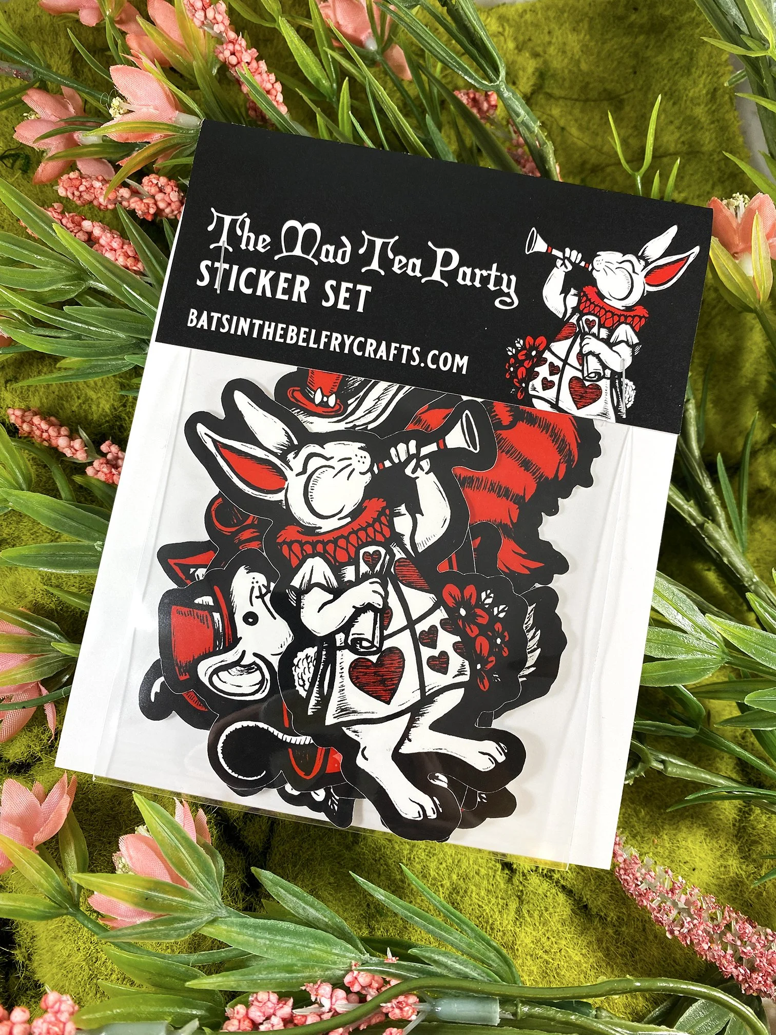 "The Mad Tea Party" Set of 7 Hand Drawn Weatherproof Stickers (Storybook Red Colors)