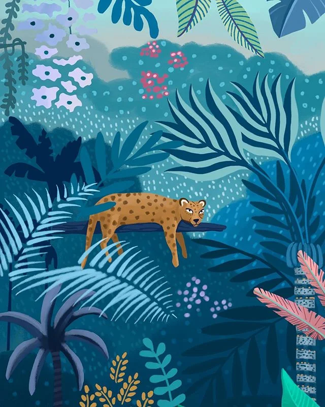 This one lazy leopard chilling on a branch is a significant detail of my “Lost” illustration. I enjoyed a lot working on this one and choosing all the different shades of blues and violets. Since I started this account I’ve been trying out different color palettes but using blues and greens still is my favorite color combo. This one is available as a print at my shop.🐆
•••••
Made with @procreate
•••••
#tropicalillustration #jungleillustration #botanicalart #plantsillustration #forestillustration #picturebook #floralillustration #illustree #plantillustration #editorialillustration #illustration #ilustracion #ilustración #ilustracja #ilustração #illo #illustratie #illustratrice #procreate #leafillustration #ilustradora #femaleillustrator #illustration_art #illustrationartist #illustrationwork #designarf #botanicalartist #digitalillustration #procreateapp #surfacepattern