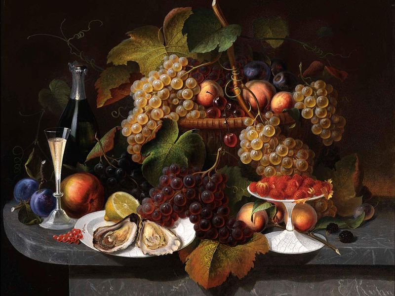 Still Life with Fruit, Oysters, and Wine by Everhart Kuhn, ca. 1865 (source: Smithsonian Magazine ).