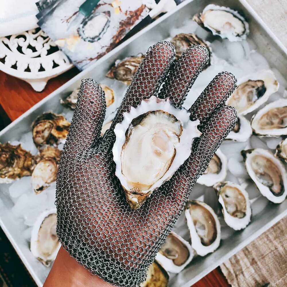 Chainmail Oyster Glove Holding Oysters (Chainmail Oyster Glove (How to Shuck Oysters Better)