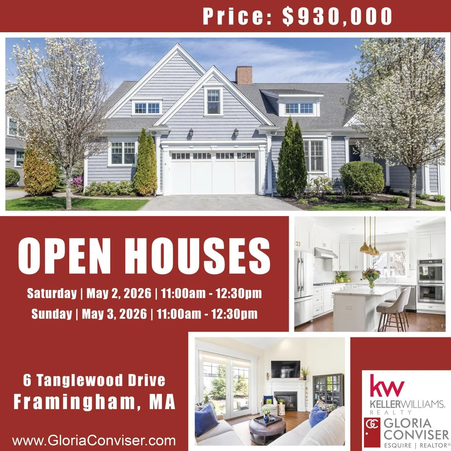 ✨ OPEN HOUSES✨
  📍6 Tanglewood Drive, Framingham, MA 🏡

Where elegance meets modern luxury! This 55+ 2018 townhome offers 2 sun-filled levels, 2 bedrooms, 2.5 baths and a 2 car garage. 

The grand main level features soaring ceilings, walls of wind