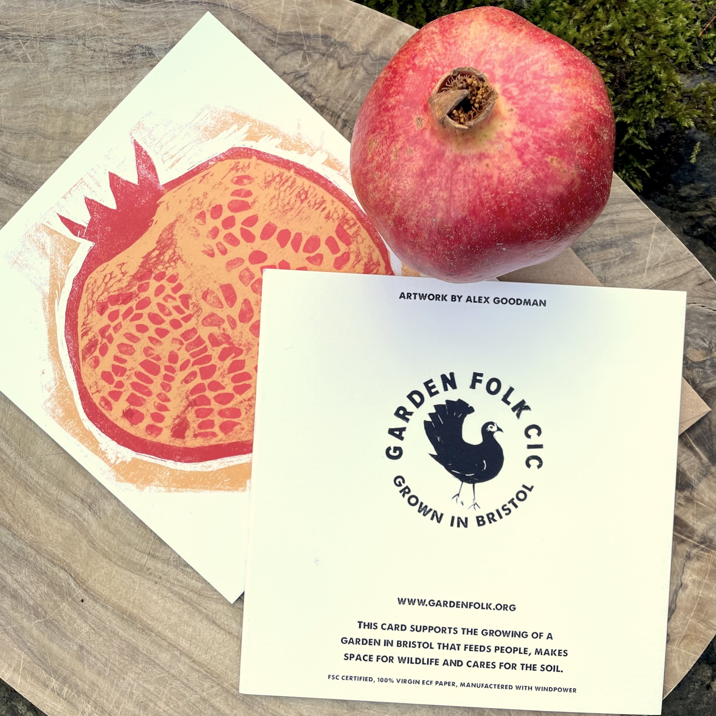 Linocut printed greetings card of a pomegranate fruit locally made in Bristol