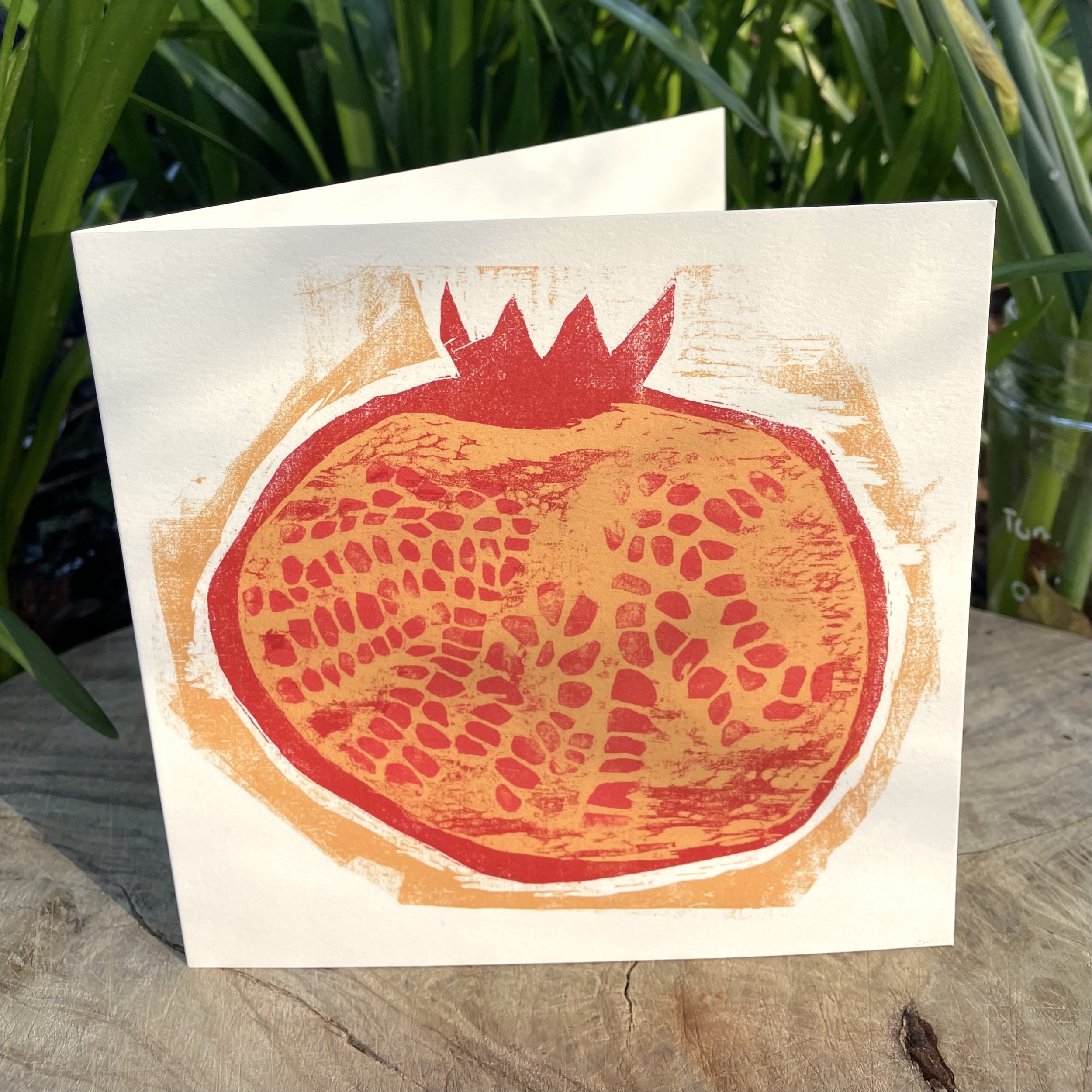 Linocut printed greetings card of a pomegranate fruit locally made in Bristol