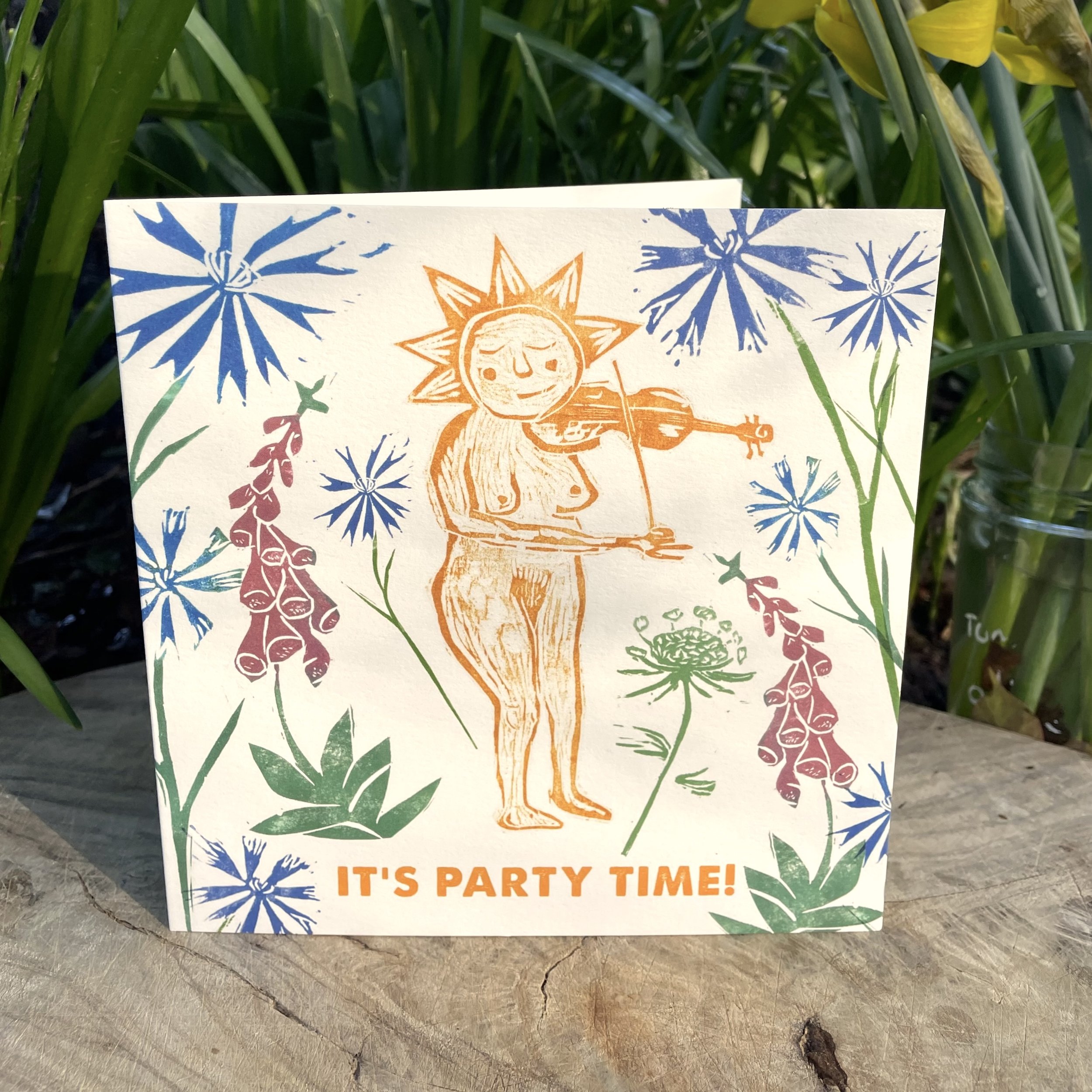 It's Party Time celebration of flowers linocut greetings card locally made in Bristol