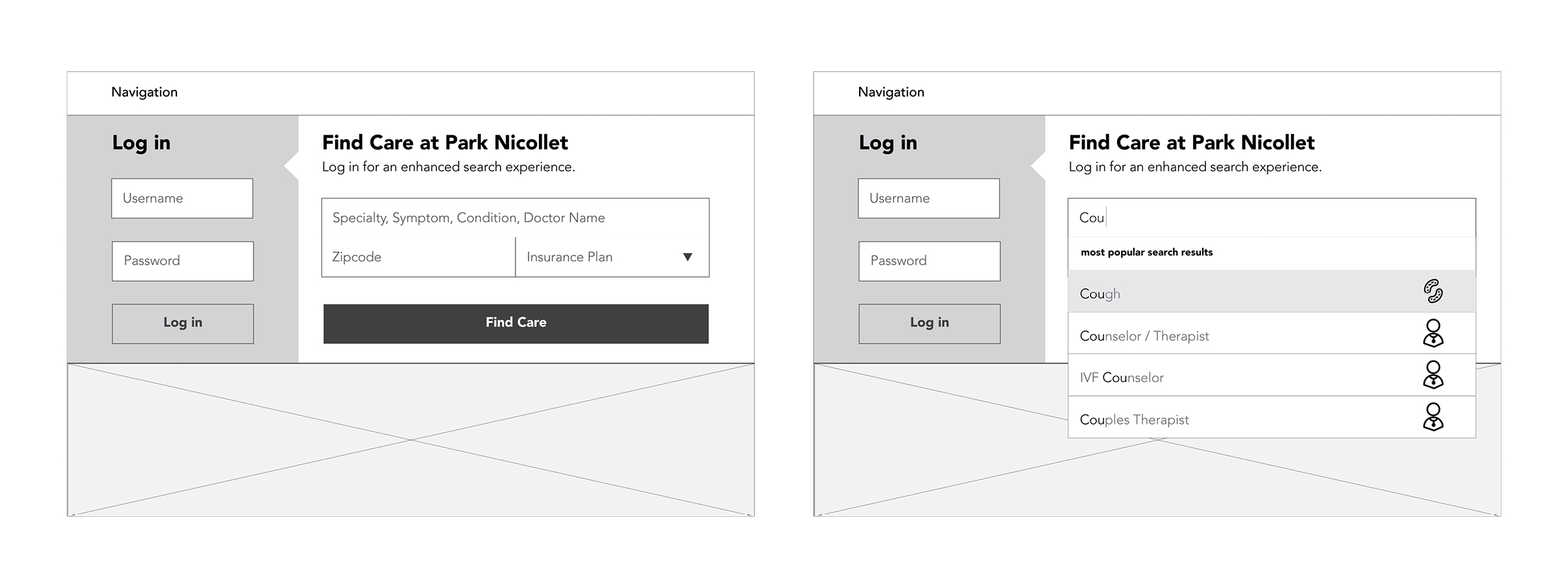 Experience Designer Alisa Avigan created wires that detail the flow of a user searching for care within the HealthPartners network.