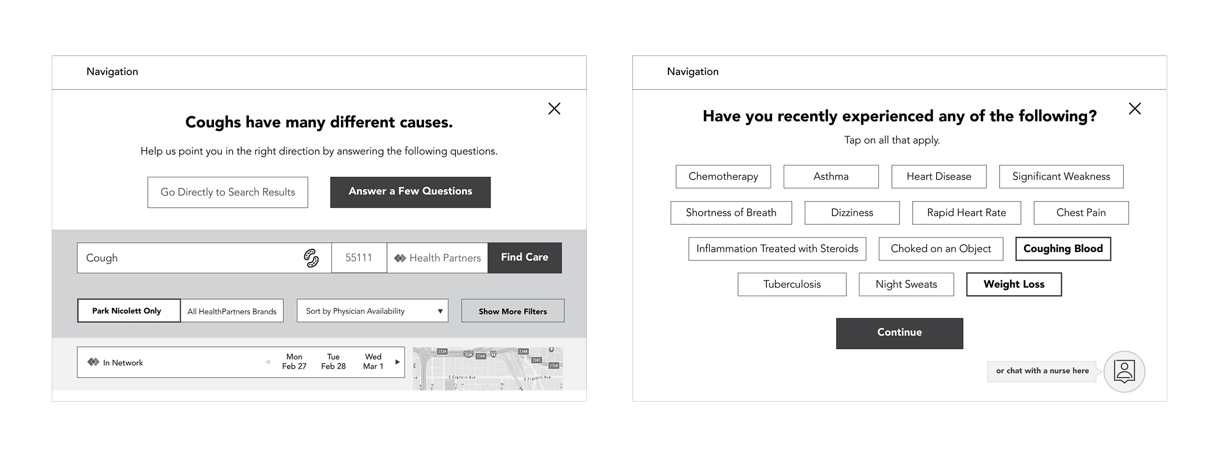 In this flow, Alisa explored how HealthPartners could recommend the best care based on a few quick questions posed to the user.