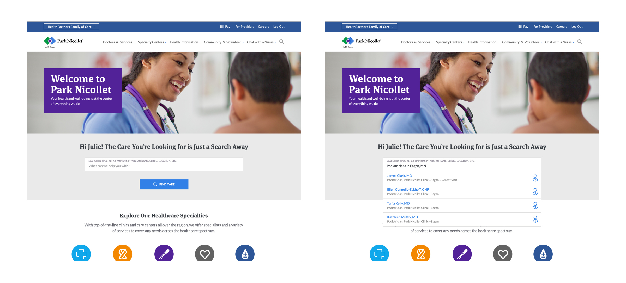 We explored a future state that would implement smart search. In this state, a user would be able to explore any element of care they would want to search for, be it a symptom, doctor, or location, using a single search bar.
