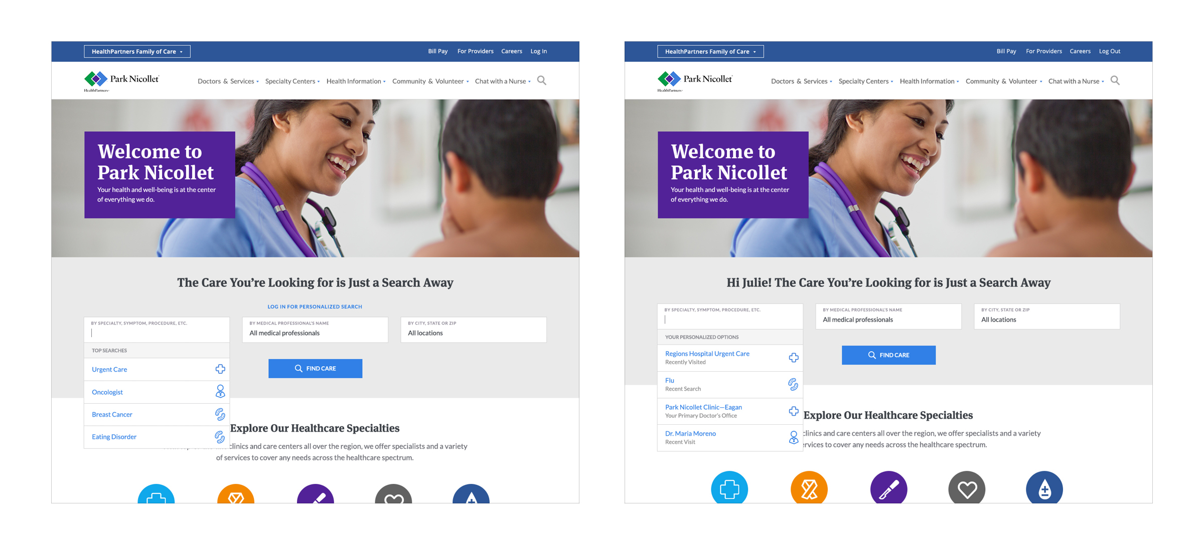 We detailed the experience from an unauthenticated state and an authenticated one, providing personalized search recommendations if a user is logged in and top searches if not.