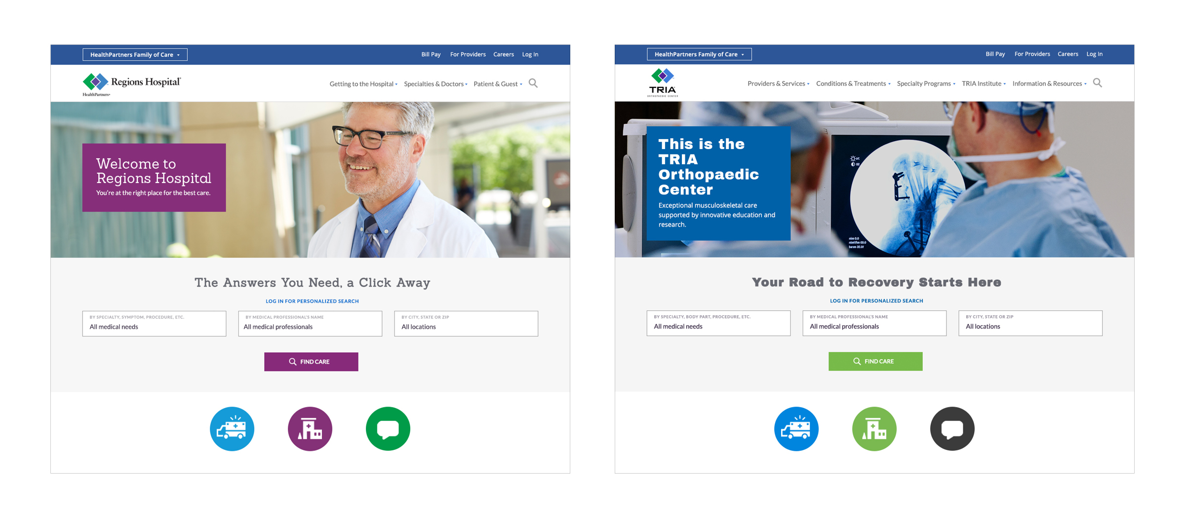 Lastly, we explored how the visual design language and functionality proposed for Park Nicollet would be expressed on HealthPartners’ other brand sites.