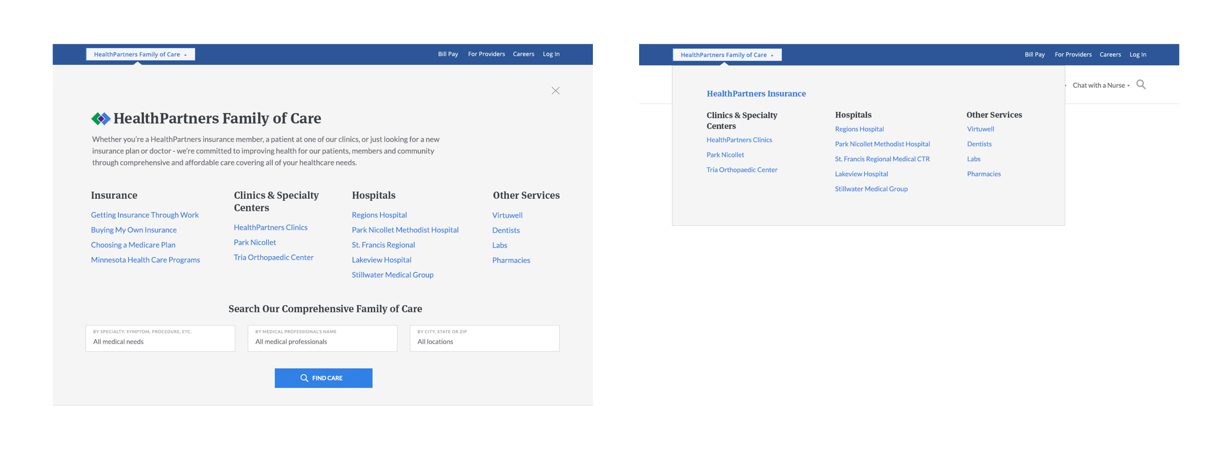 While we explored a single brand experience with Park Nicollet, we also explored how the HealthPartners family of brands would be accessible from any one of the brand sites through the utility navigation.