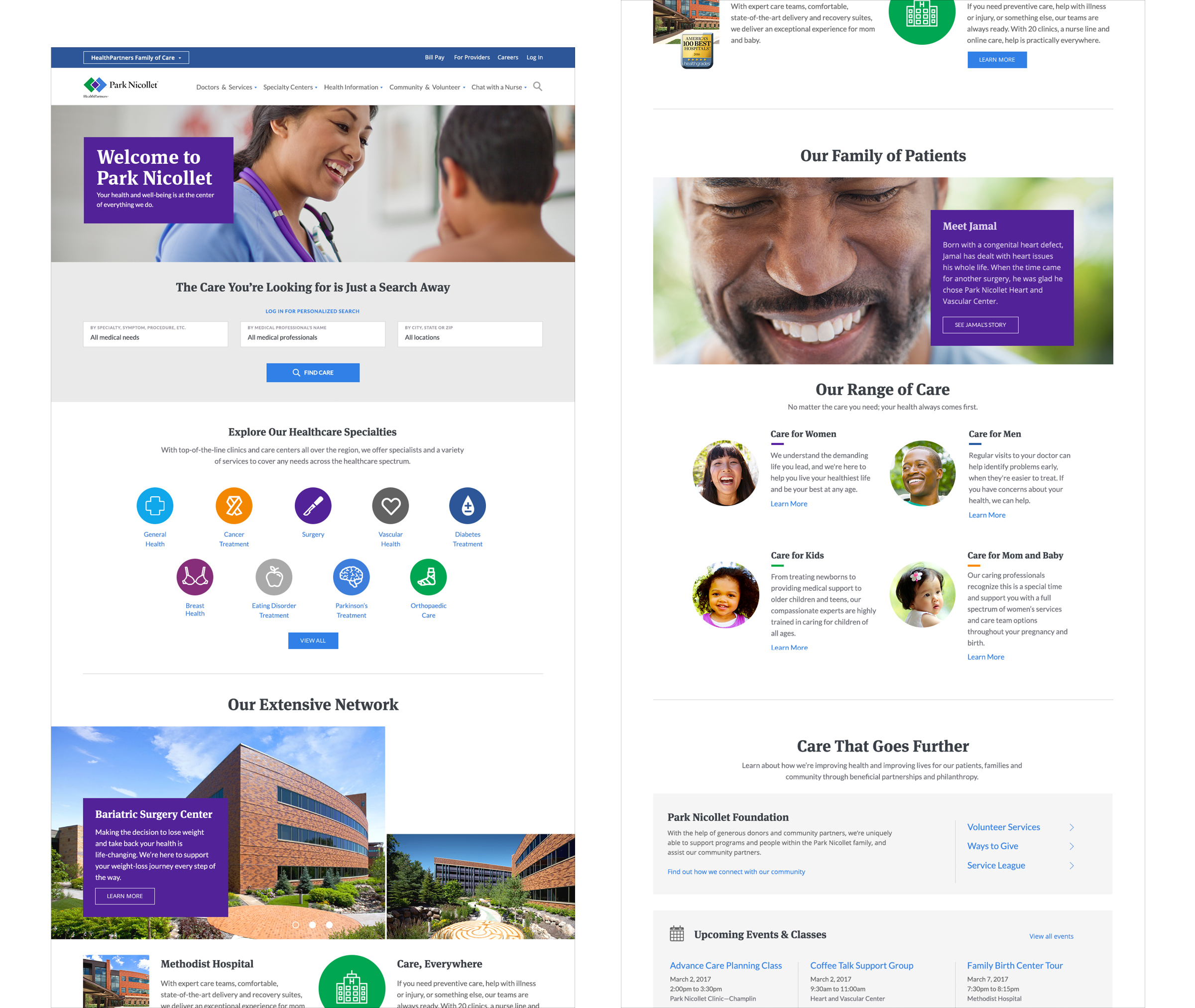 Finally, we explored the detailed design of a single brand experience using Park Nicollet as the brand. The visual design language was influenced by the existing HealthPartners experience and expanded based on our proposed strategy.