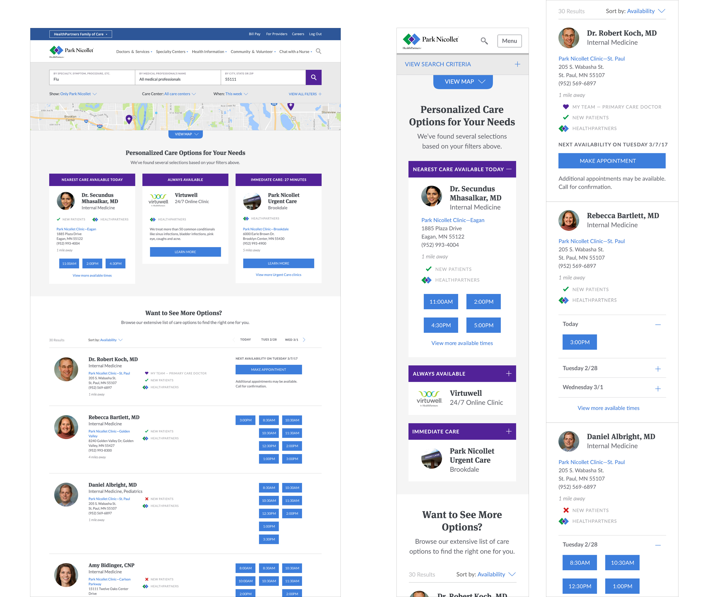 We explored a variety of experiences for search results to populate and ultimately proposed the experience above, featuring an expandable map and three top recommendations for care based on the user’s needs.