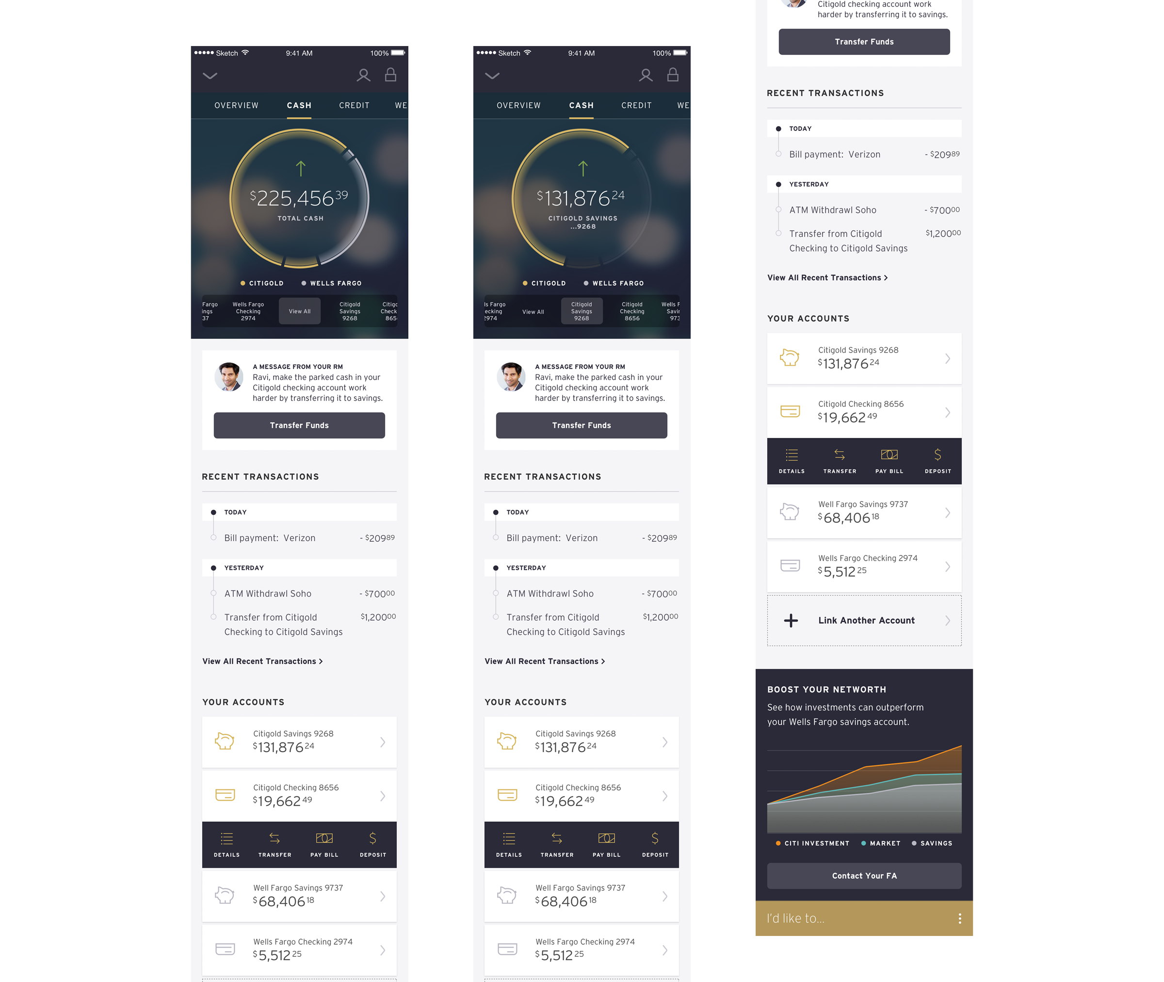 In the initial design, we proposed an overview chart that would give a high-level view of the status of a user’s accounts with the ability to deep-dive into each. Citigold users would see quick actions they can take, a quick summary of the latest ac