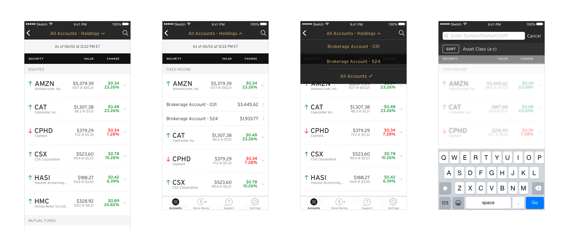 Holdings Detail screens, showing Holdings for all investment accounts, dropdown to deep-dive into individual account holding details, ability to toggle account views, and accessing sort and filter functionality