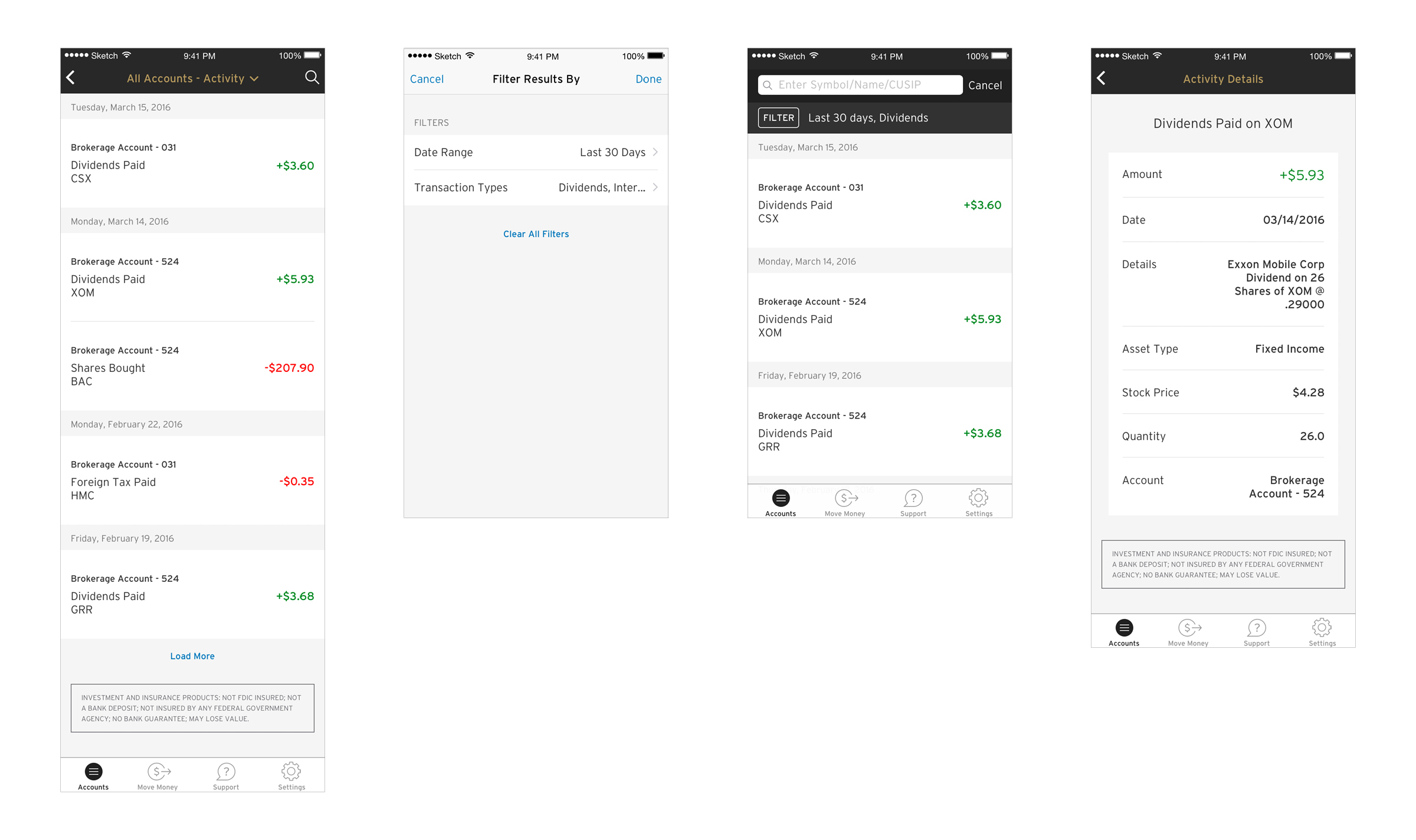 Activity Details screen, showing ability to filter results and details of an individual line of activity
