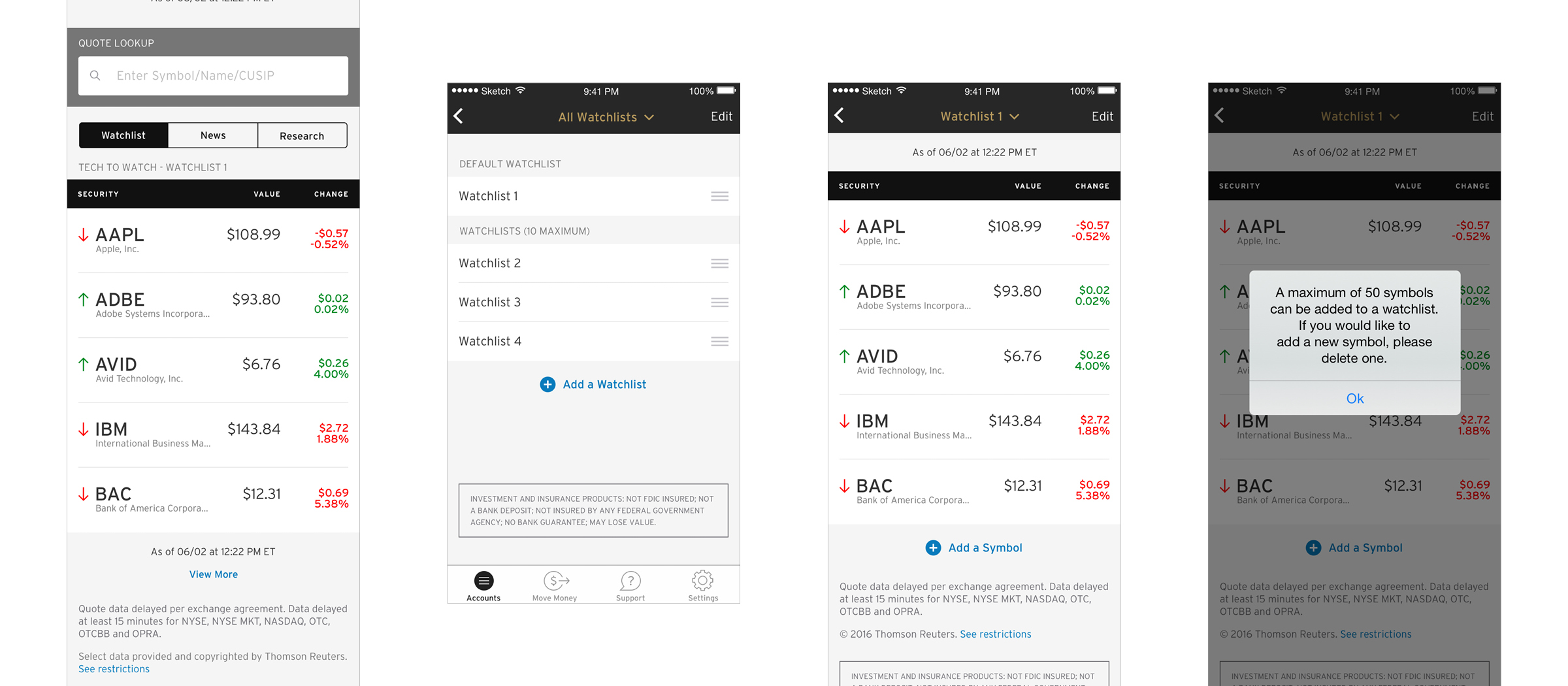 Watchlist functionality on the Account Details screen, showing user’s default watchlist, how a user can edit their lists, and a native system alert when a user has added the maximum allowed symbols to a list