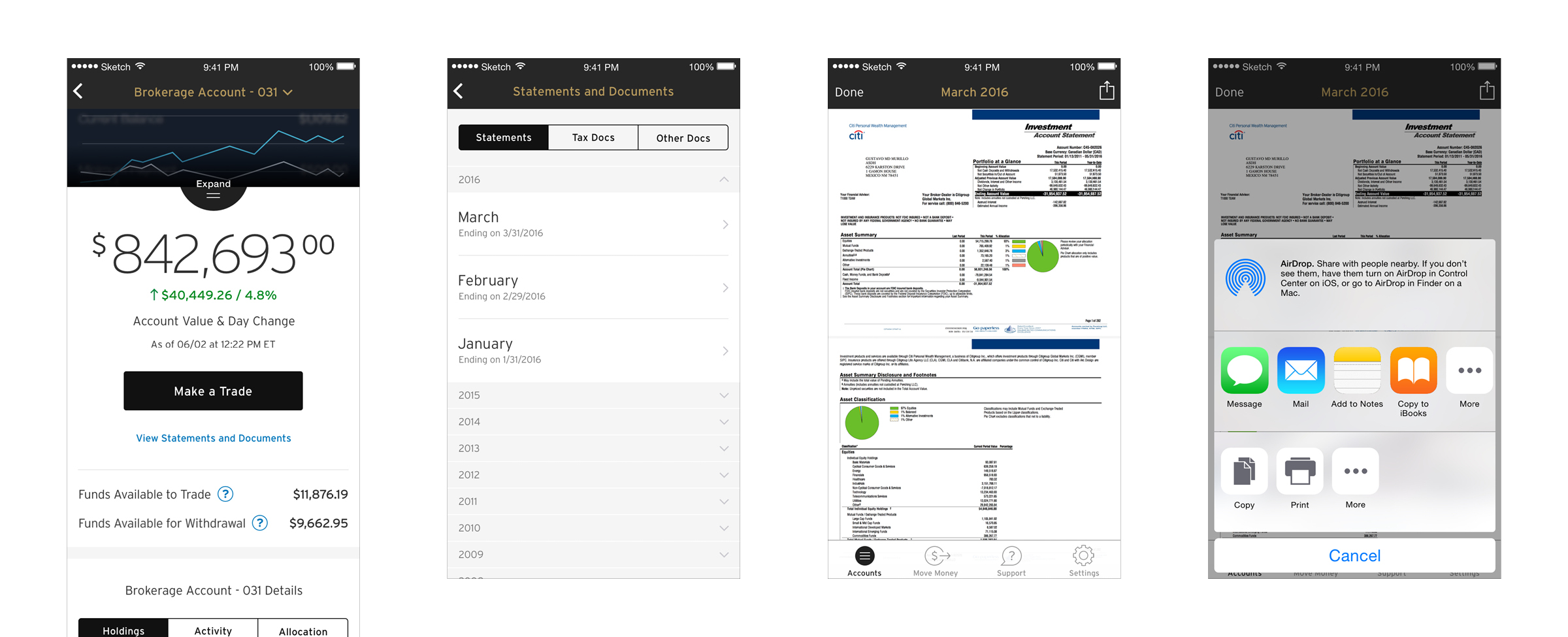 The access link for Statement and Documents on the Account Details screen, showing how a user can access their various documents and share via the native menu options on their mobile device