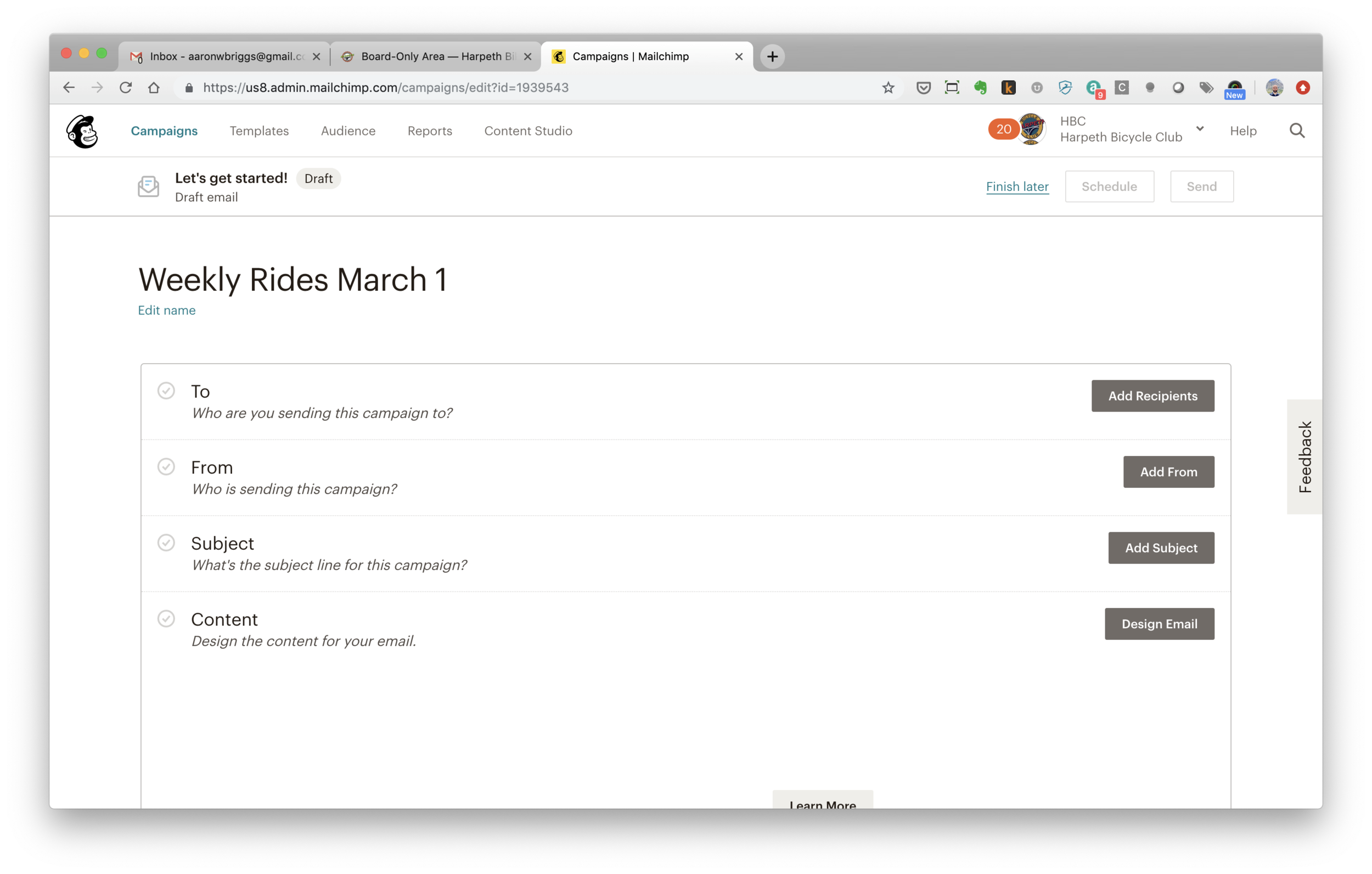 The main email details screen. You’ll edit the email section by section, as outlined in steps 1, 2, 3, and 4 here.