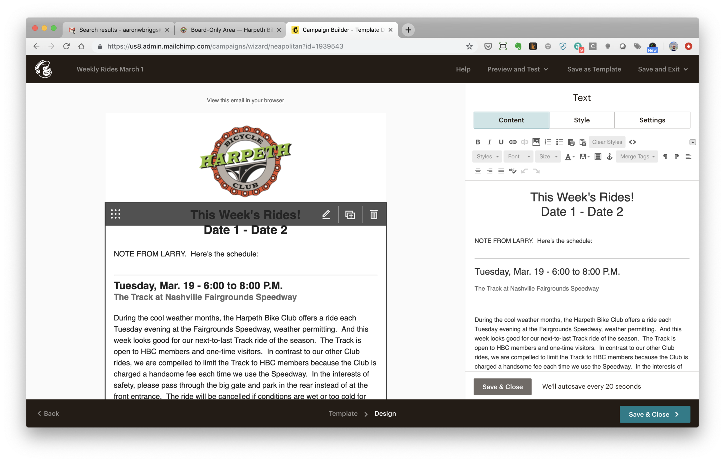 Click the content section on the right you want to edit, as described in Step 3. Then edit the content on the right as described in Step 4. Then click Save and Close as described in Steps 5 and 6.