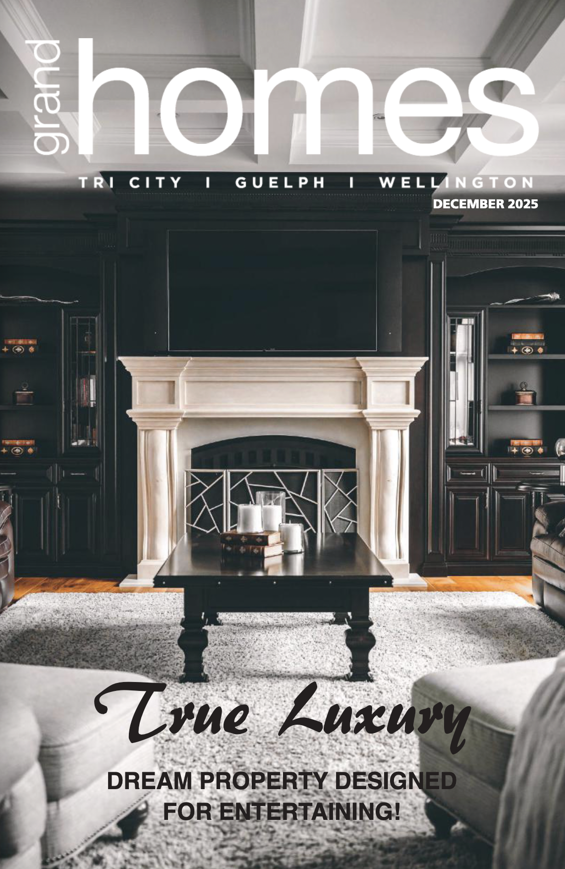 Front cover of a real estate magazine with a closeup on a living room fireplace.