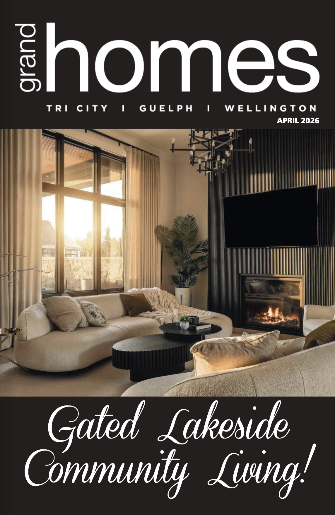 Front cover of a real estate magazine featuring a living room with 2 beige sofas and a coffee table between them.