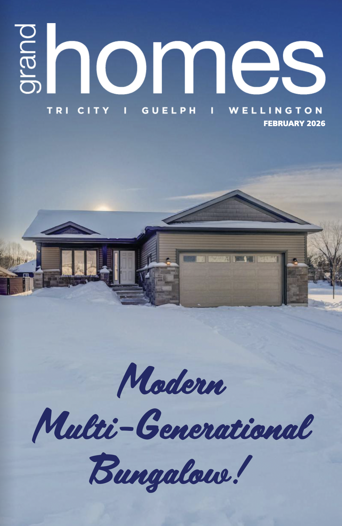 Front cover of a real estate magazine with a bungalow in winter on it.