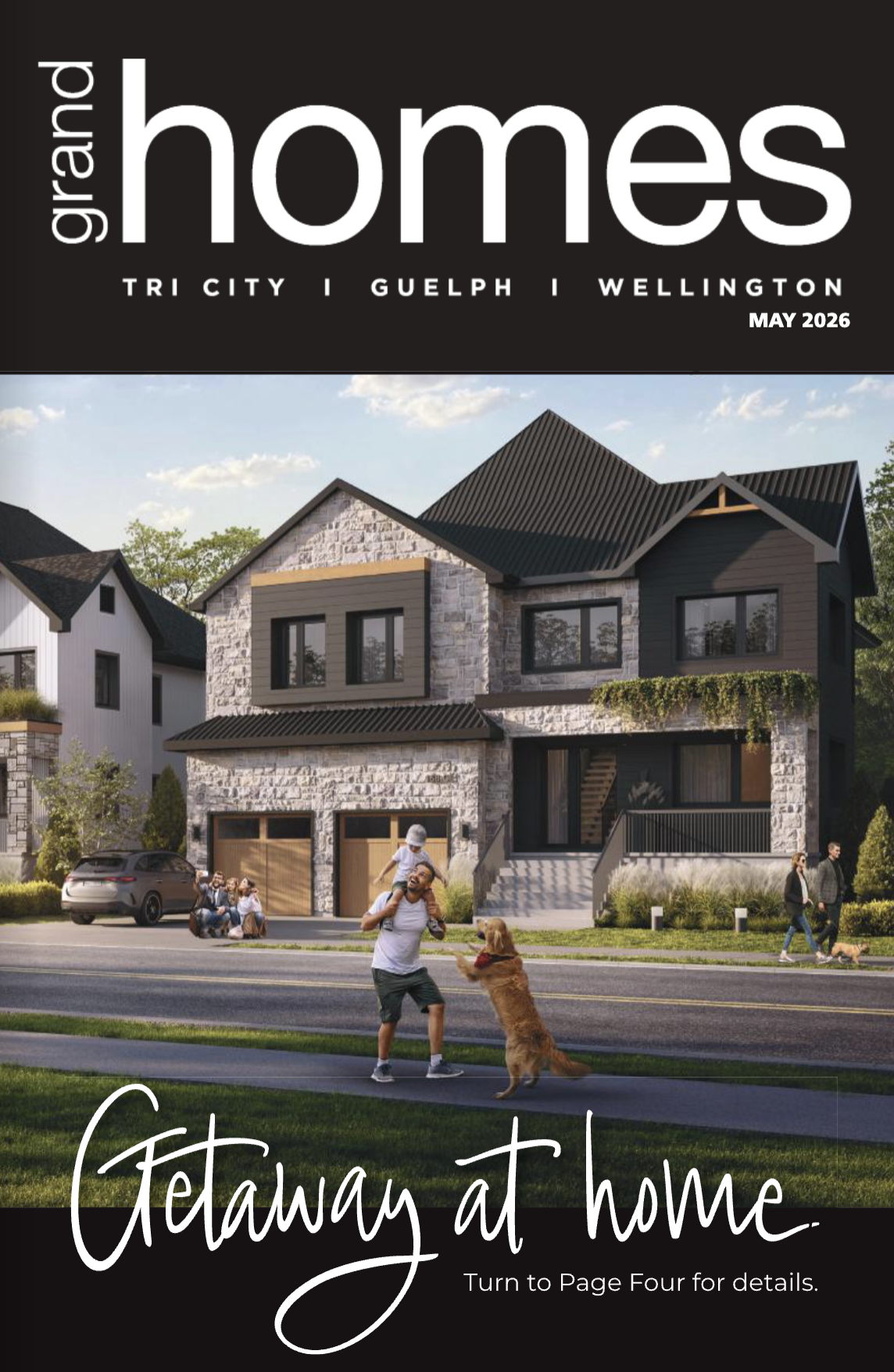Front cover of a real estate magazine with a 2-story home with attached double garage.