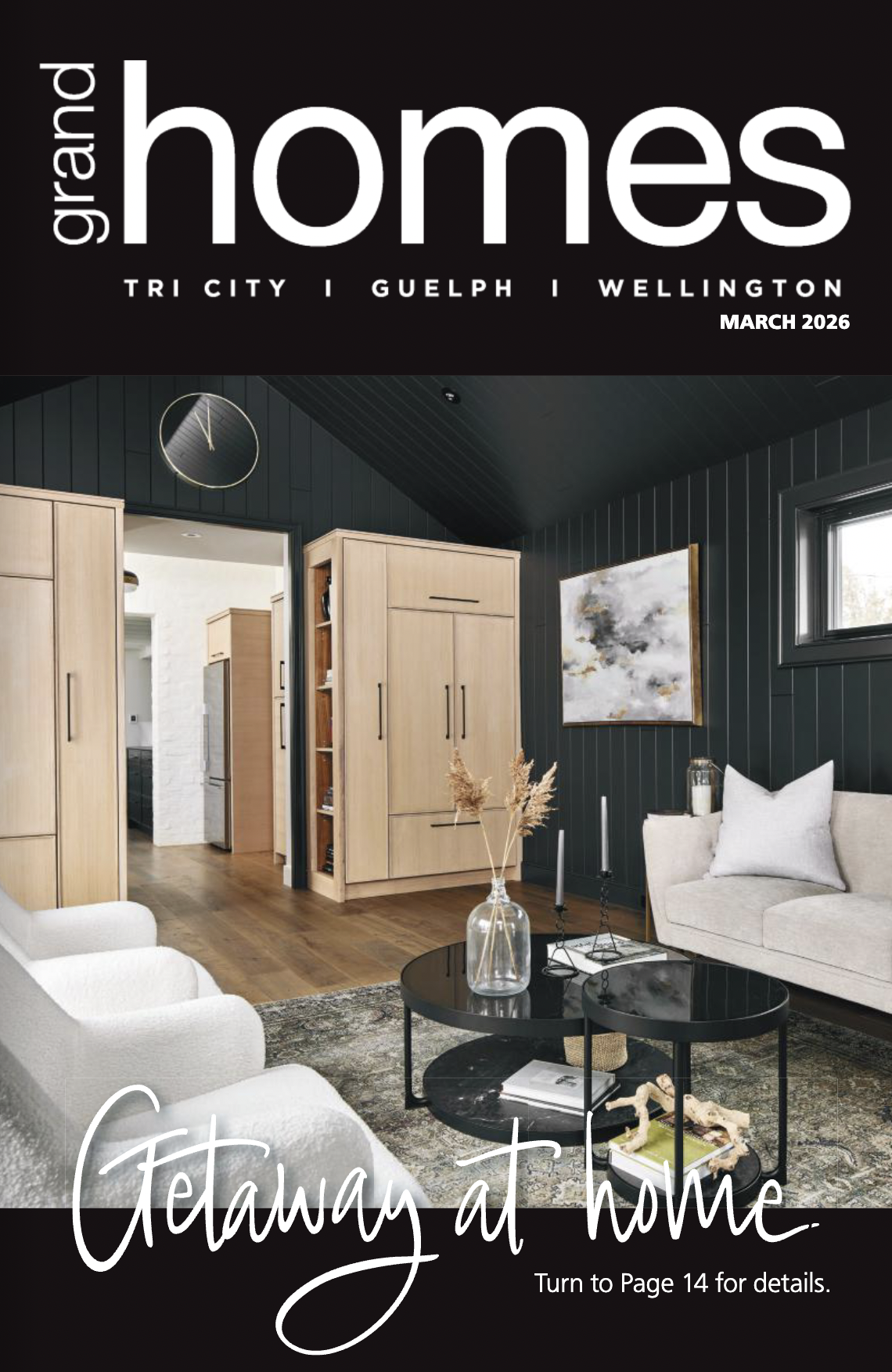 Front cover of a real estate magazine featuring the interior of a living room with dark walls, 2 sofas and built-in cabinets.