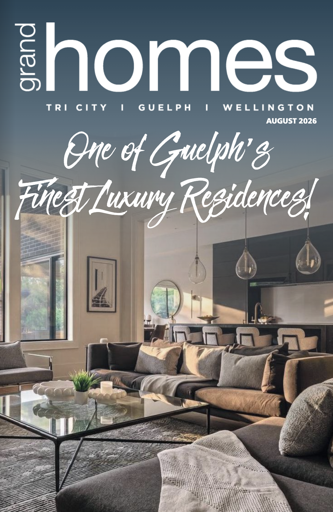 front cover of a real estate magazine featuring the interior of a living room
