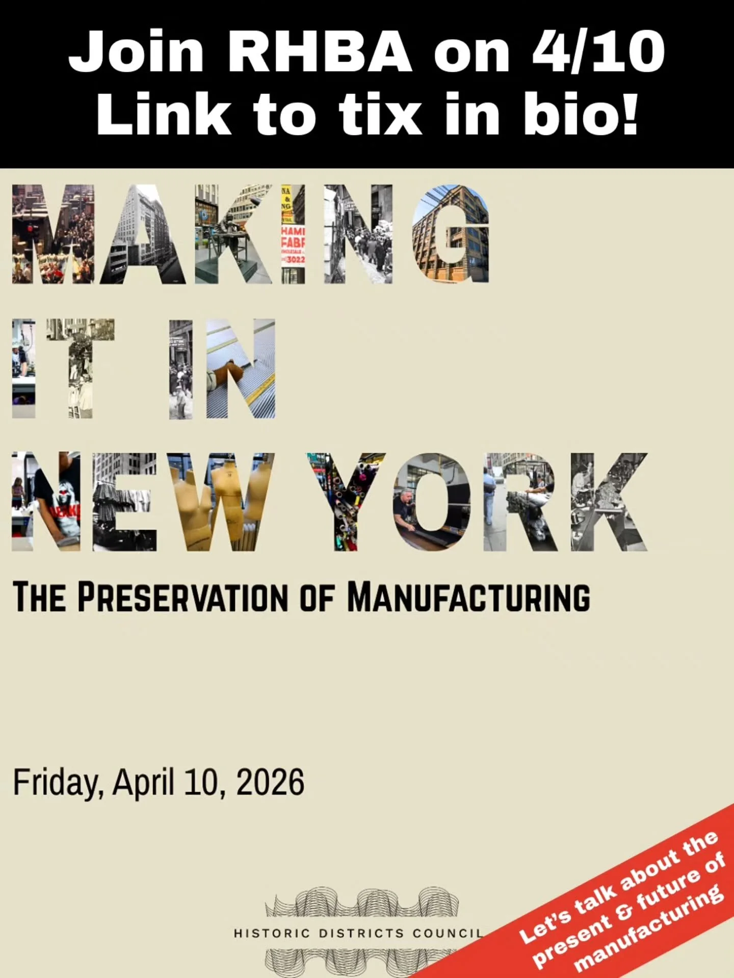 We are excited to be a part of the @hdcnyc 2026 Conference "Making it in New York, The Preservation of Manufacturing" on April 10 from&nbsp;1:00 p.m. &ndash; 6:30 p.m. at&nbsp;Baruch College.&nbsp;

Come see our Executive Director Carly Bak