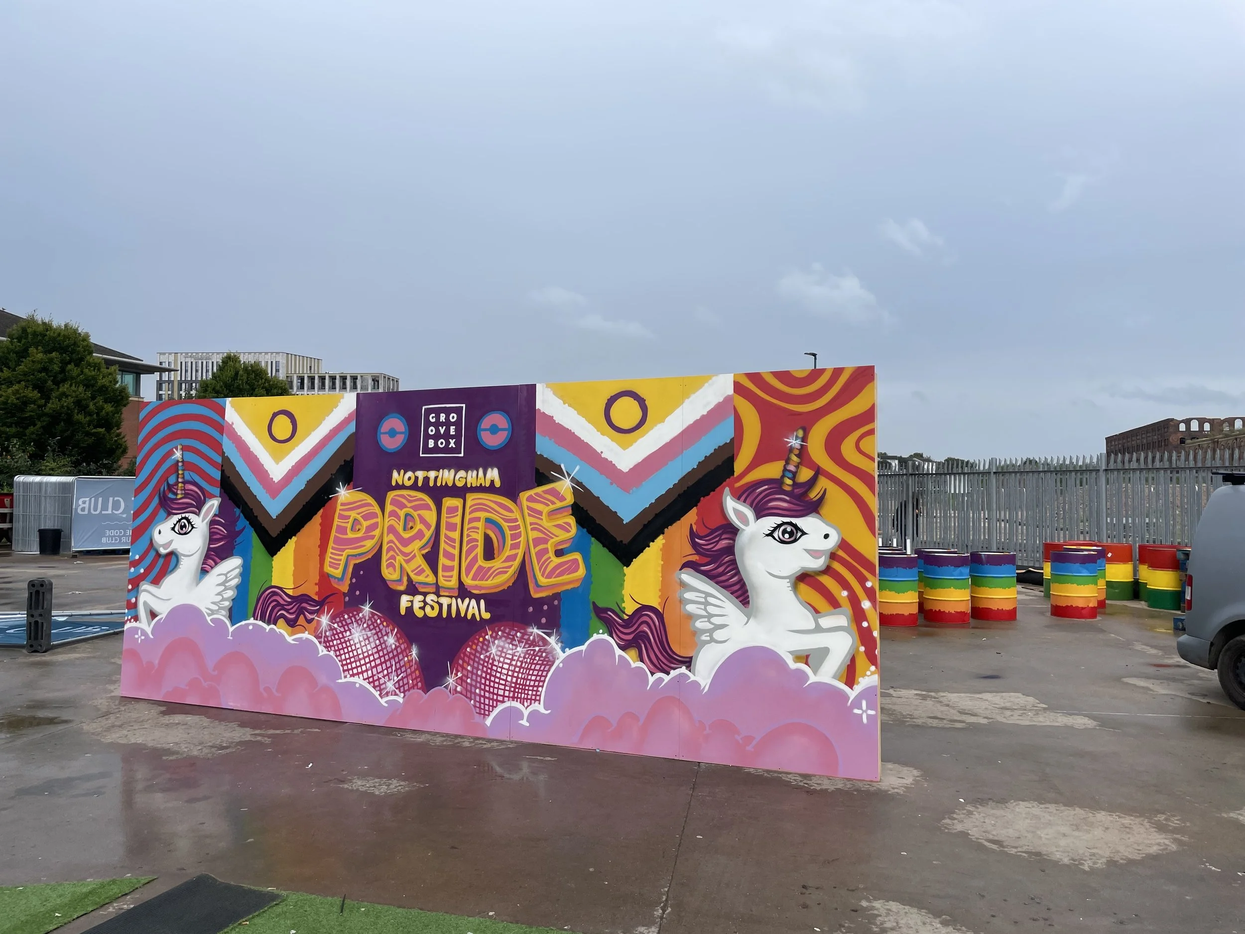 Colorful urban mural on shipping containers by mural artist in Nottingham
