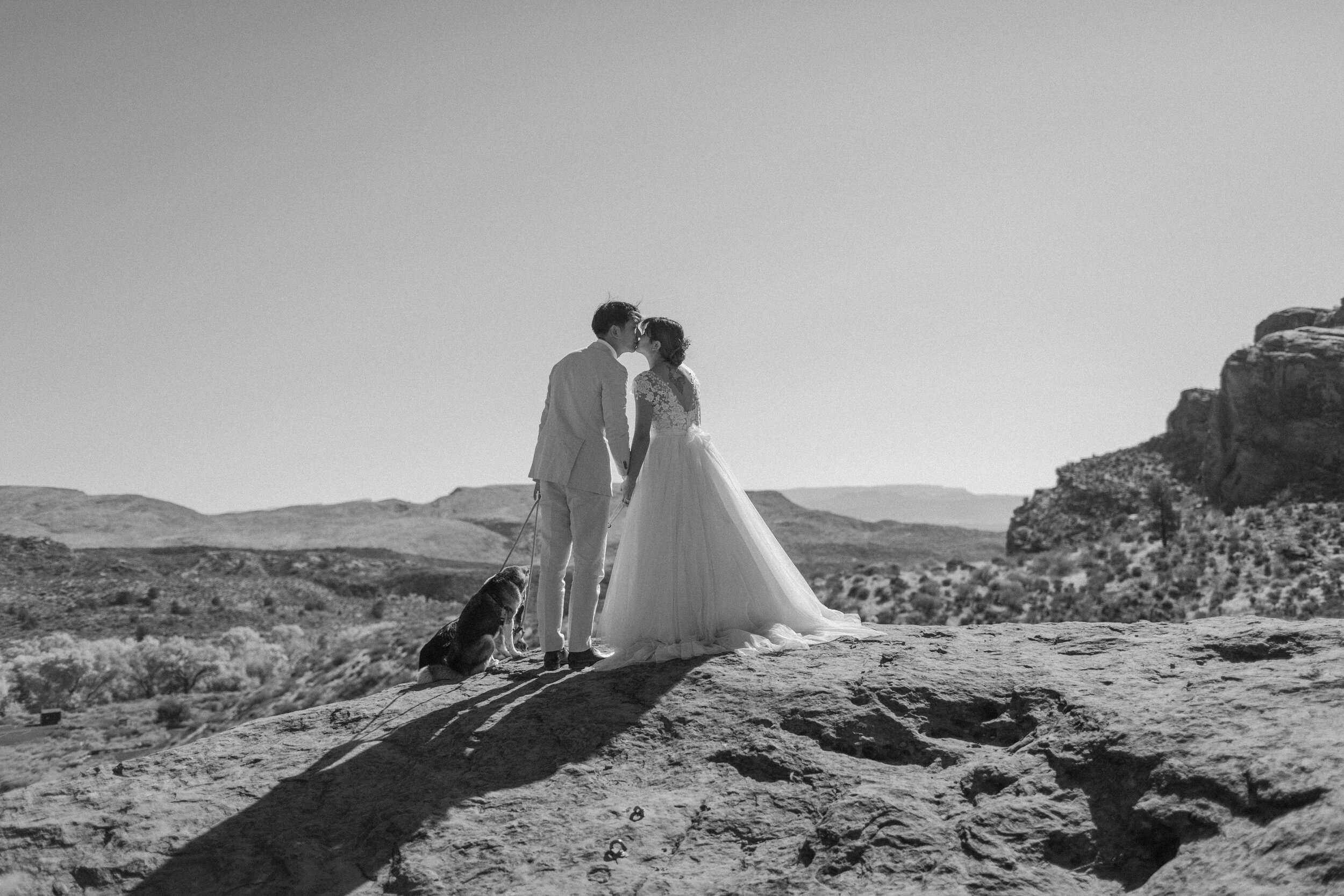  Black and white photo of a  Utah elopement couple kissing on a cliff edge with their dogs at their feet in St. George Utah. Utah elopement photographer, Lucy B. Photography. 